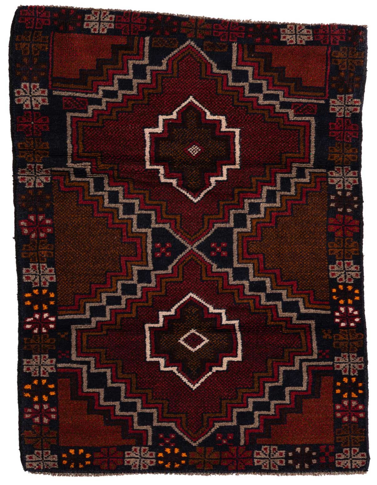 A 3x5 rectangular Balouch rug featuring a traditional tribal medallion pattern in deep reds, black, and brown.
