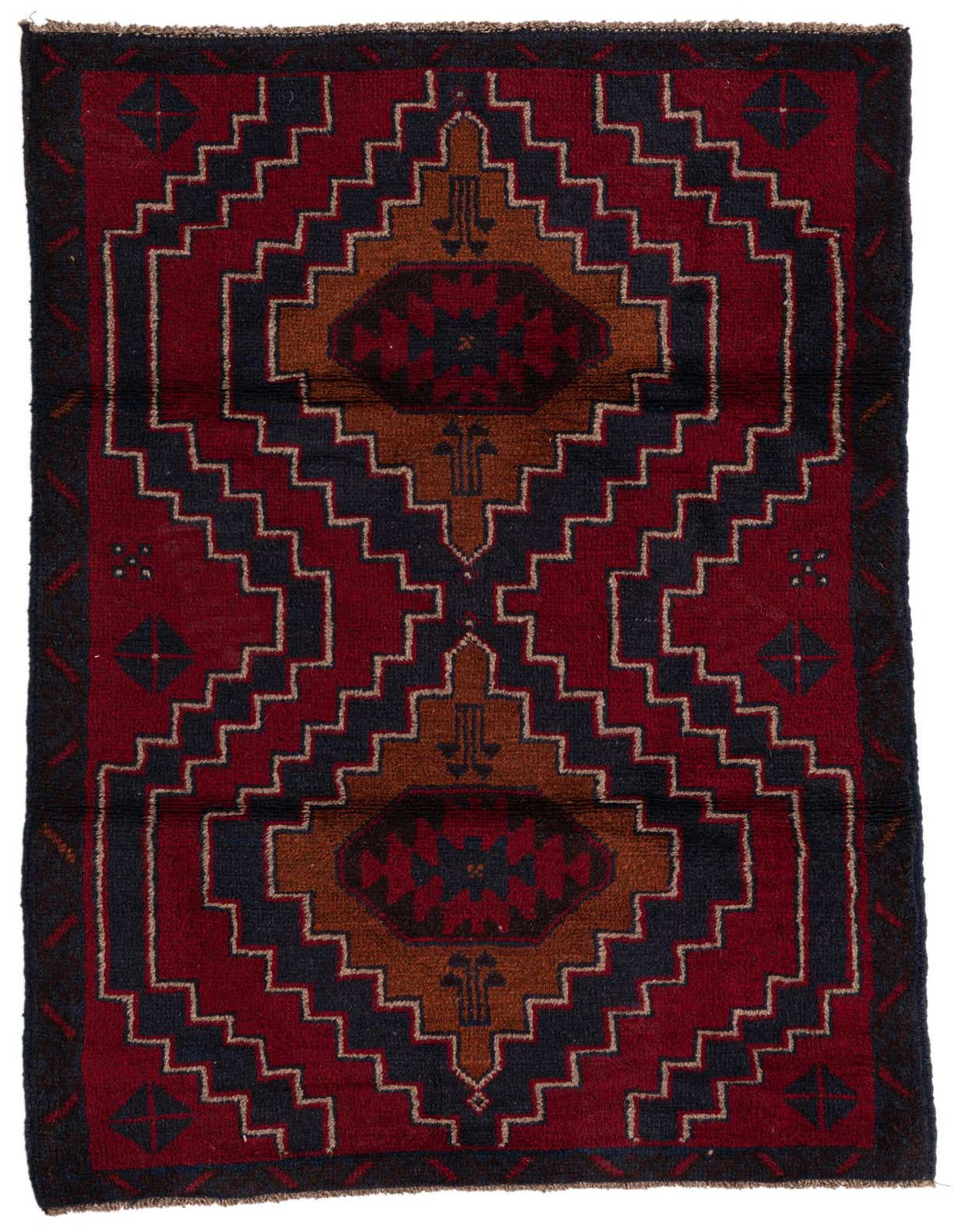 A 3x5 rectangular Balouch rug with a traditional tribal pattern in deep reds, navy, and brown tones.