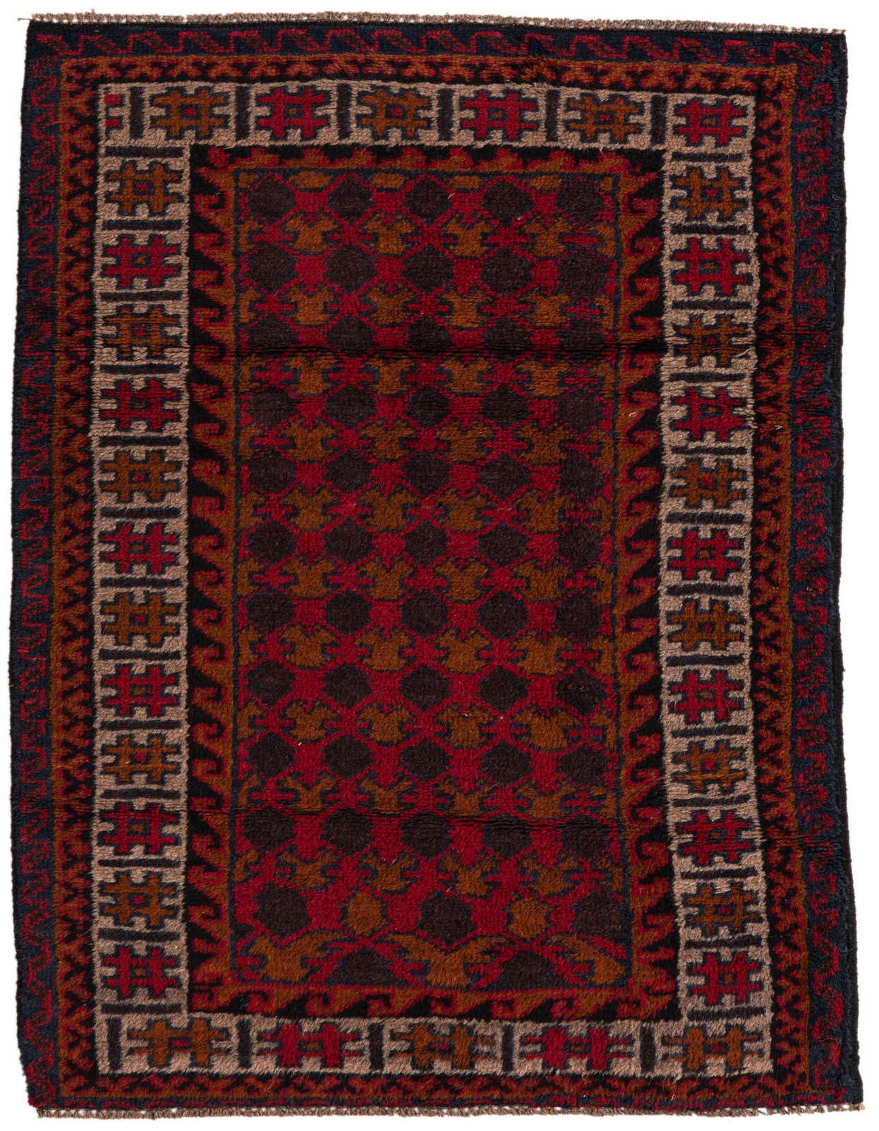 A 3x5 rectangular Balouch rug featuring traditional Persian and tribal patterns in deep reds, browns, and black.