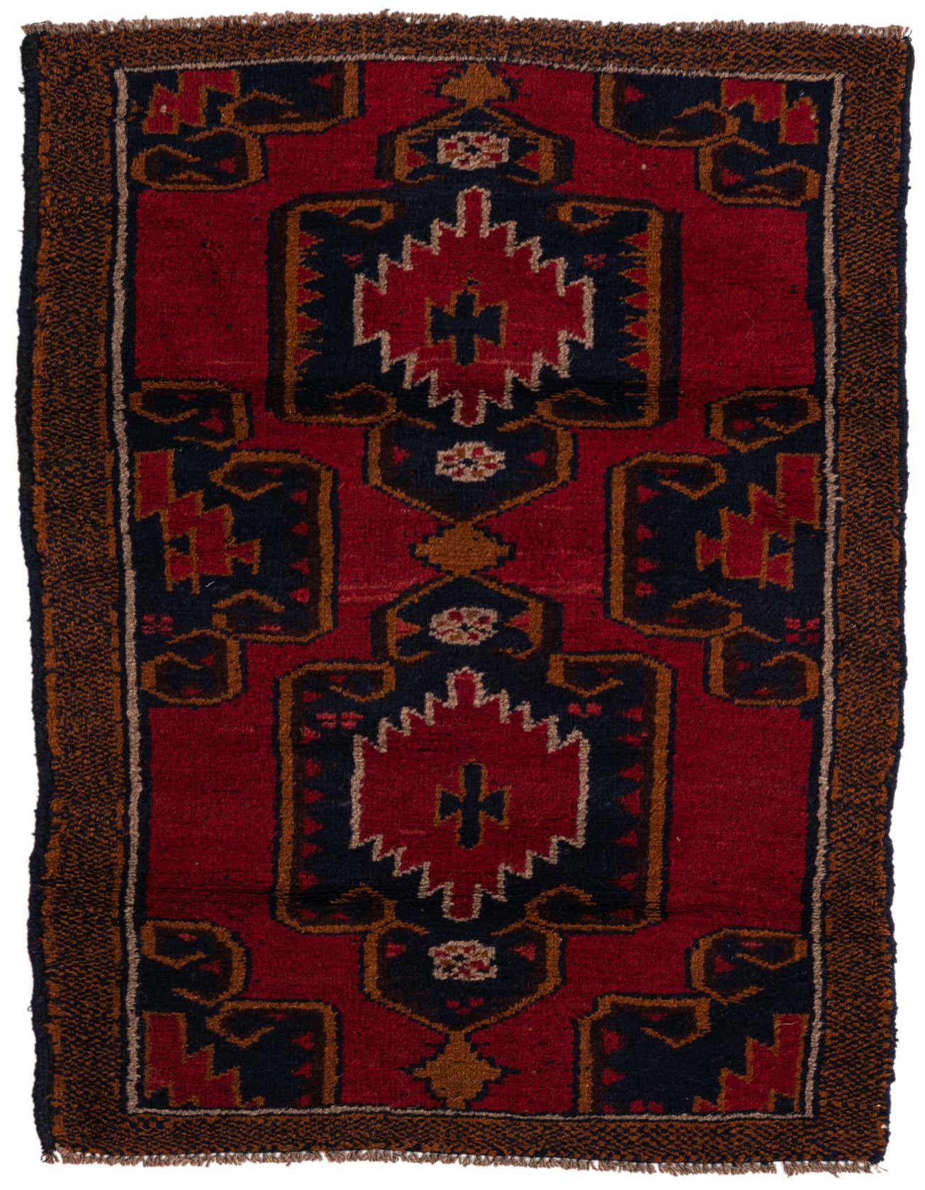 A 3x4 rectangular Balouch rug with a traditional Persian tribal pattern in deep red, navy blue, and gold tones.