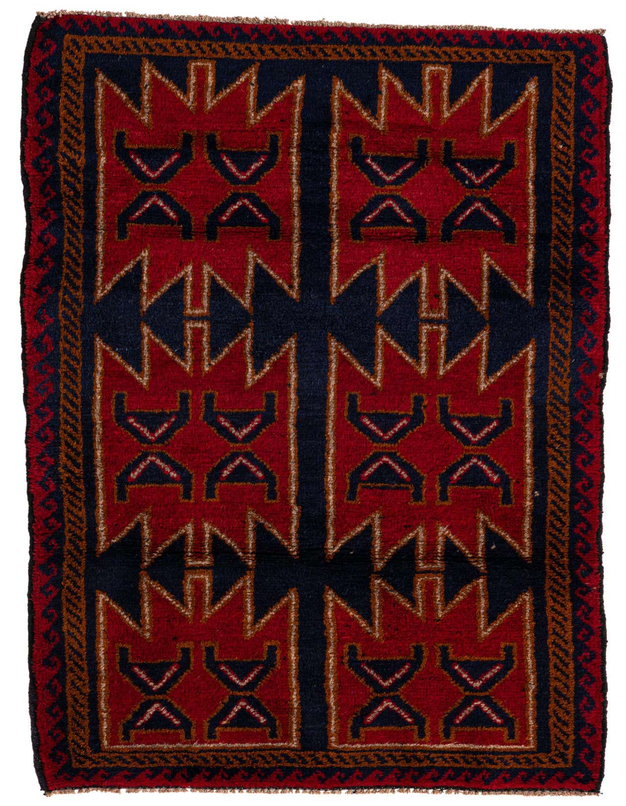 A 3x5 rectangular Balouch rug in deep red and navy blue with intricate tribal patterns and a thin pile, suitable for an entryway.