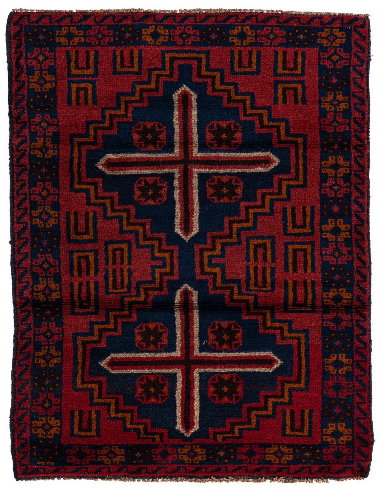 A 3x5 rectangular Balouch rug with a traditional tribal pattern in deep red and navy blue, featuring a central medallion design.