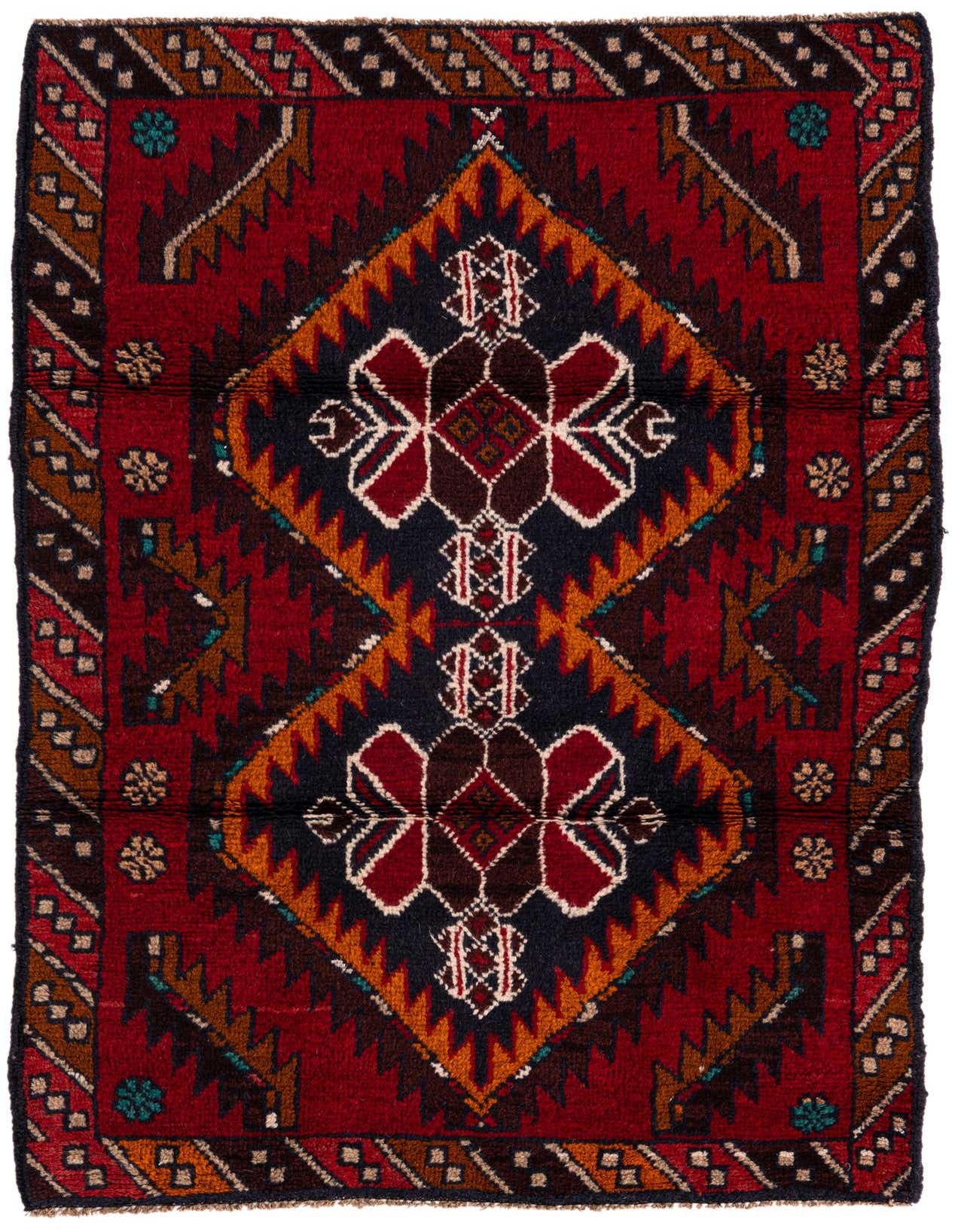 A 3x5 rectangular Balouch rug with a traditional tribal pattern in deep reds, navy, and orange, featuring a central medallion design.