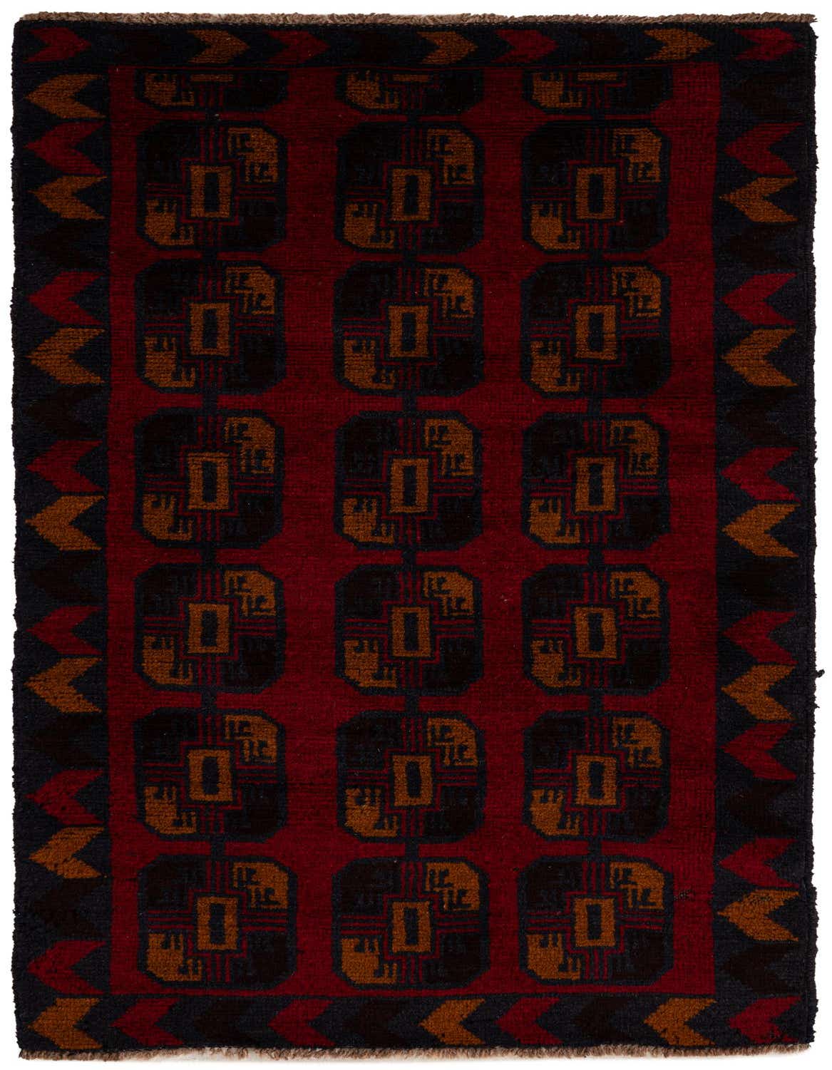 A 3x5 rectangular Balouch wool rug featuring a deep red field with repeating dark brown and tan geometric tribal motifs, bordered by a dark brown and red chevron pattern.