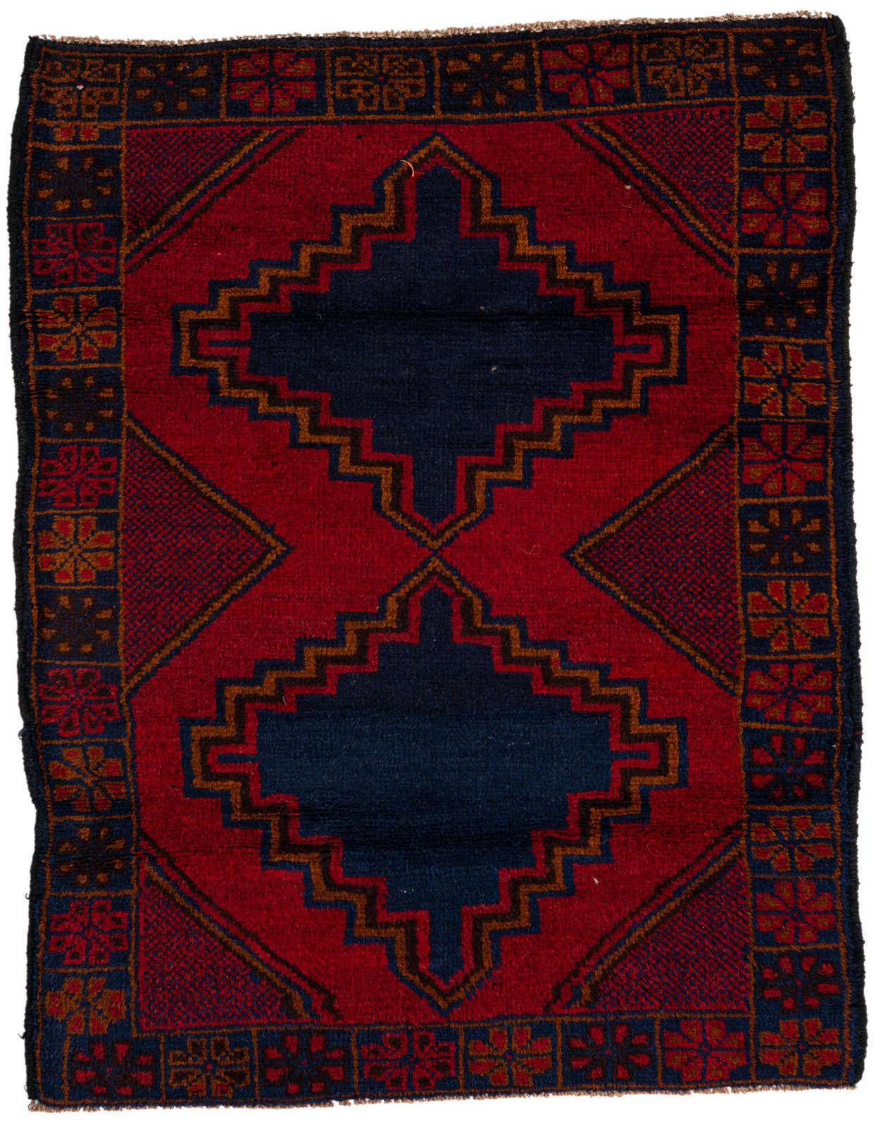 A 3x5 rectangular Balouch wool rug featuring a traditional tribal medallion pattern in deep reds and navy blue.