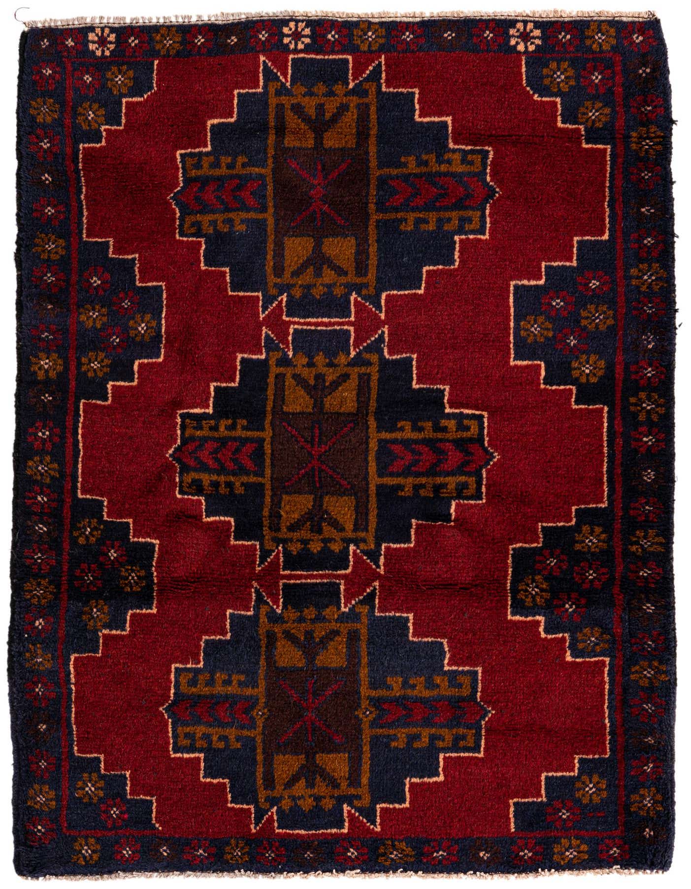 A 3x4 rectangular Balouch rug featuring a traditional tribal medallion pattern in deep reds, navy blue, and gold tones.