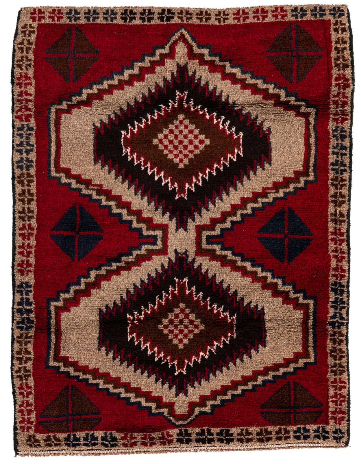 A 3x5 rectangular Balouch rug with a traditional tribal pattern in reds, browns, and beige.