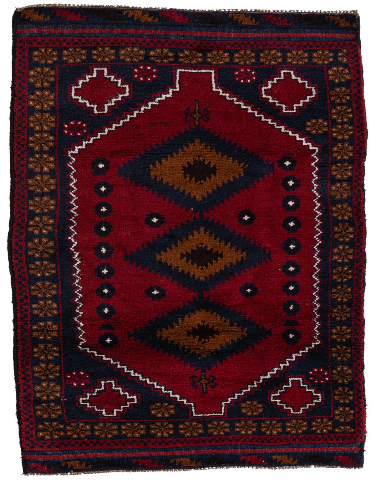 A 3x5 rectangular Balouch rug featuring a deep red field with navy blue and brown tribal geometric patterns and a decorative border.