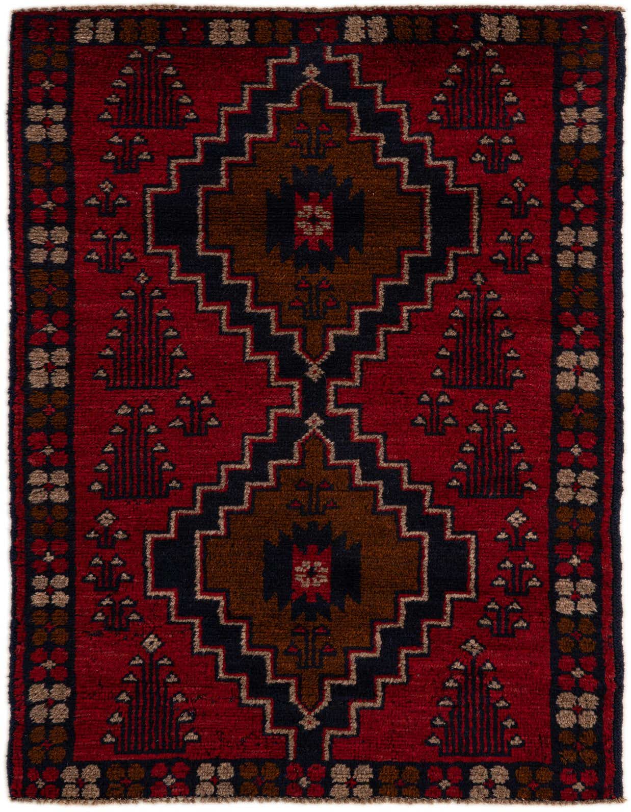 A 3x5 rectangular Balouch rug featuring a traditional Persian tribal pattern in deep reds, brown, and navy.