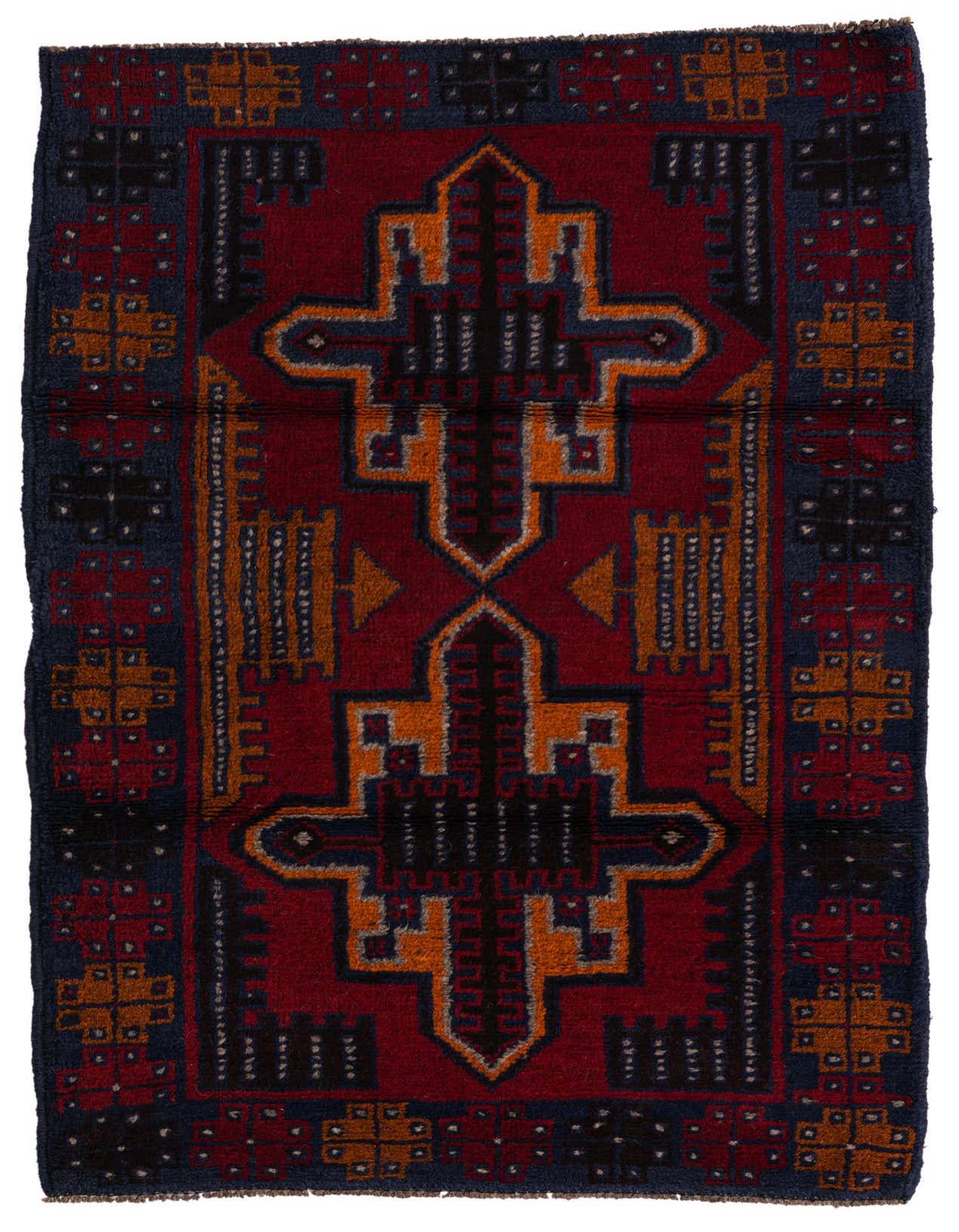 A 3x4 rectangular Balouch rug featuring a traditional tribal medallion pattern in reds, navy blue, and orange.