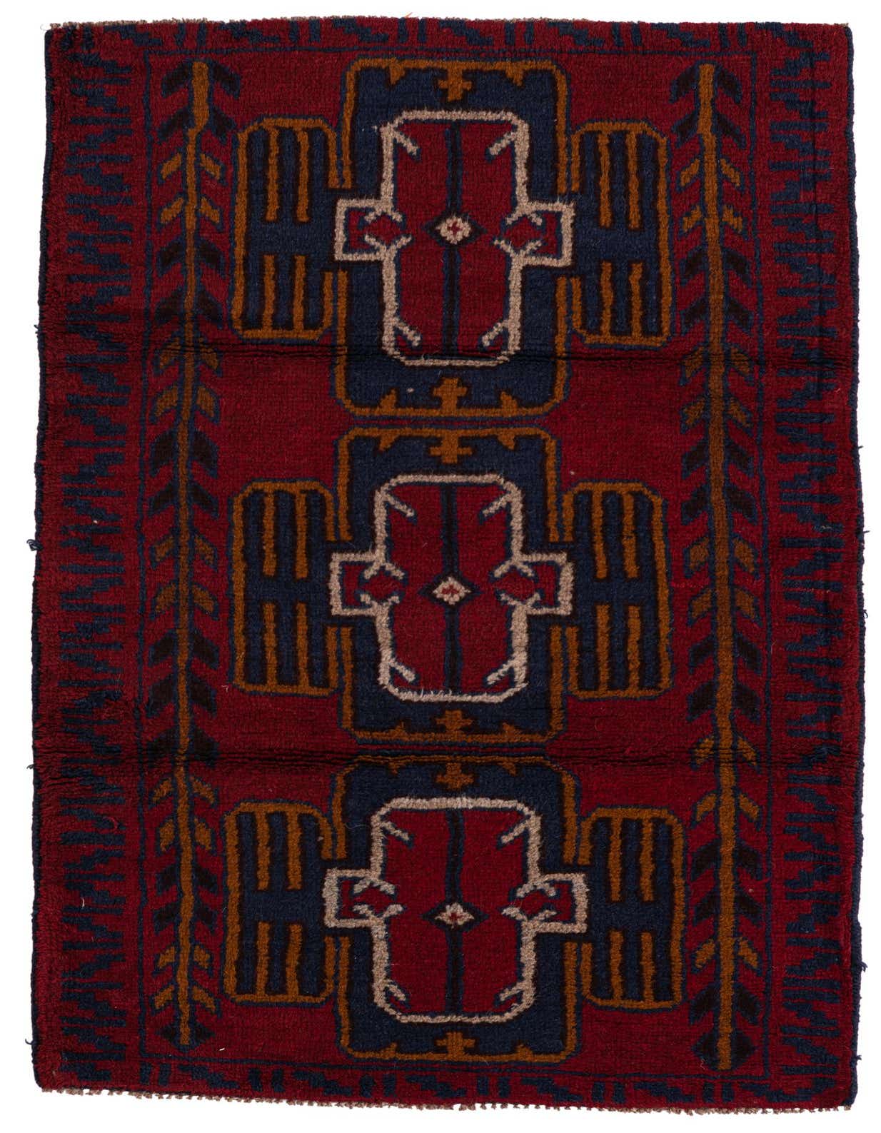 A 3x5 rectangular Balouch rug in deep red with navy blue, beige, and brown traditional tribal patterns, ideal for an entryway or kitchen.