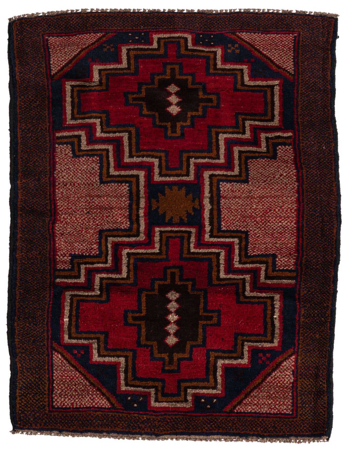 A 3x4 rectangular Balouch rug with a traditional tribal pattern in shades of red, navy, and brown.