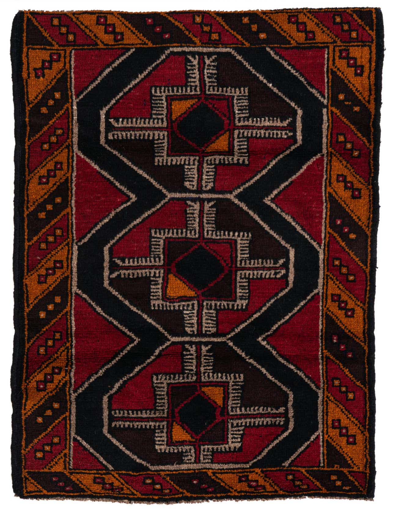 A 3x5 rectangular Balouch rug featuring a traditional tribal medallion pattern in reds, black, and gold.
