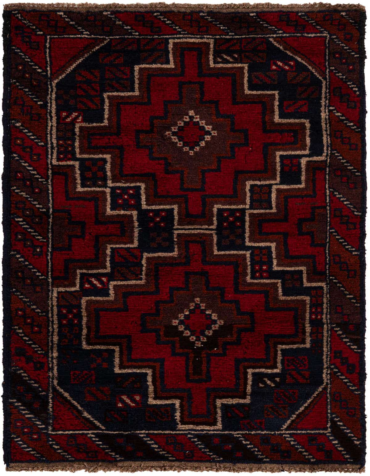 A 3x5 rectangular Balouch rug with a traditional tribal pattern in deep reds, navy, and brown tones.