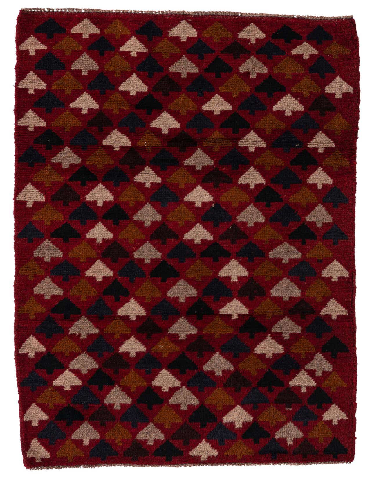 A 3x4 rectangular Balouch rug with a traditional tribal pattern of alternating cream, black, and brown tree-like motifs on a deep red background.