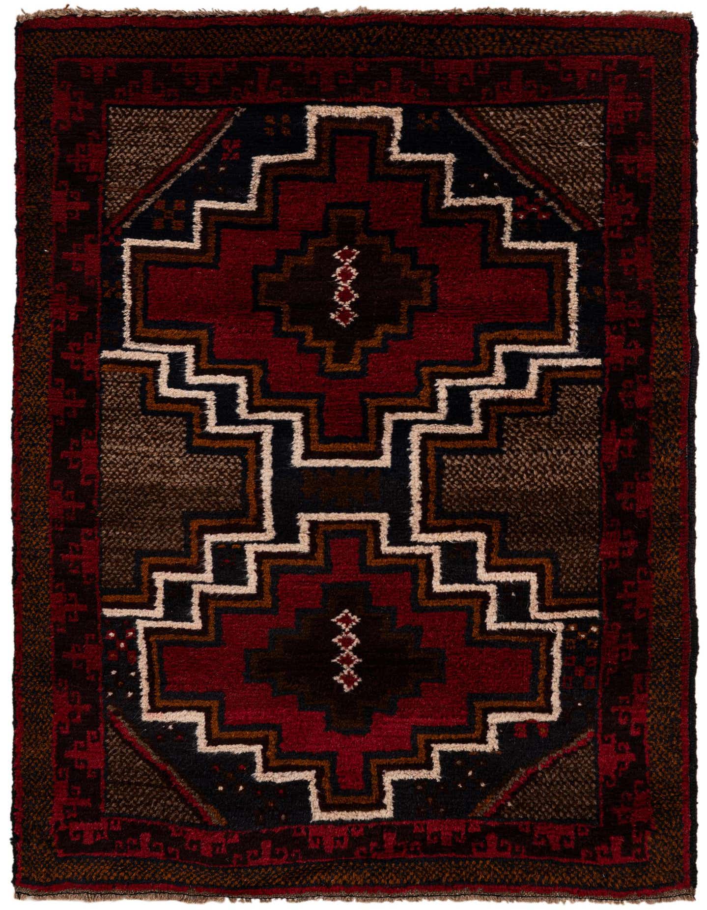 A 3x4 rectangular Balouch rug featuring a traditional tribal medallion pattern in deep reds, black, and cream.