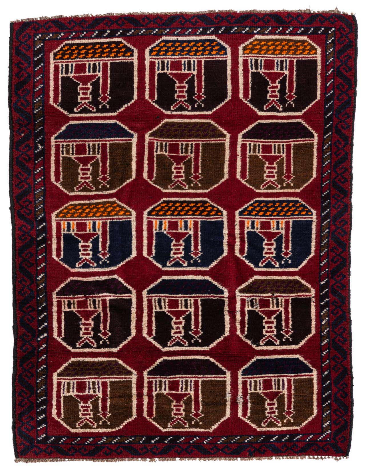 A 3x4 rectangular Balouch rug with a deep red field and a repeating pattern of dark, stylized house-like motifs in brown, black, and navy with orange and cream accents.