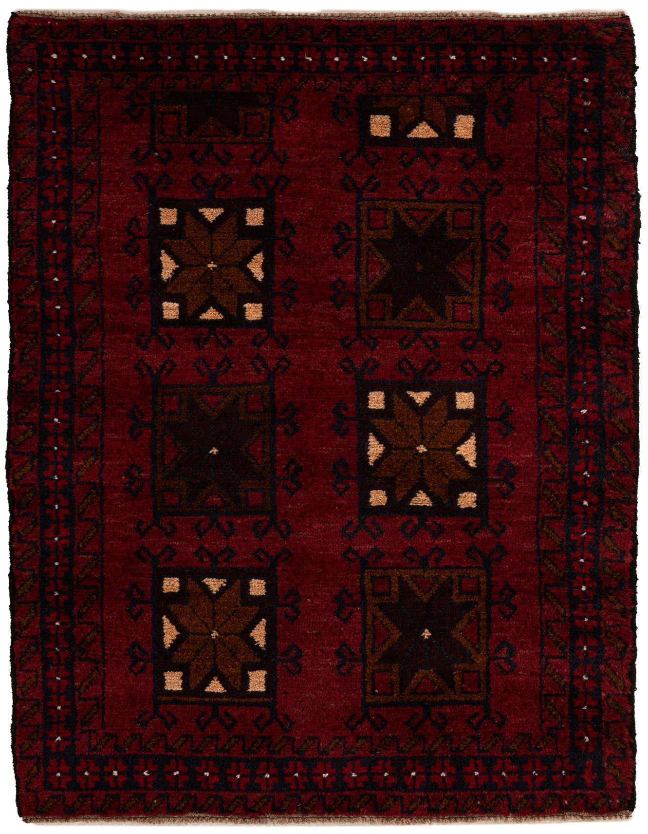 A 3x5 rectangular Balouch rug in deep red with traditional tribal patterns and dark brown and tan medallions.