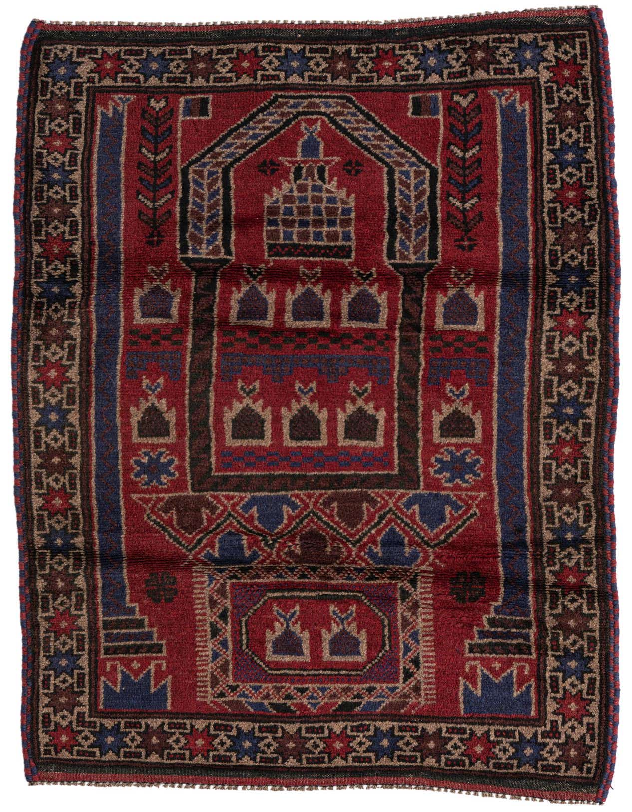 A 3x5 rectangular Balouch rug in deep red with traditional Persian and tribal patterns in navy, black, and beige.