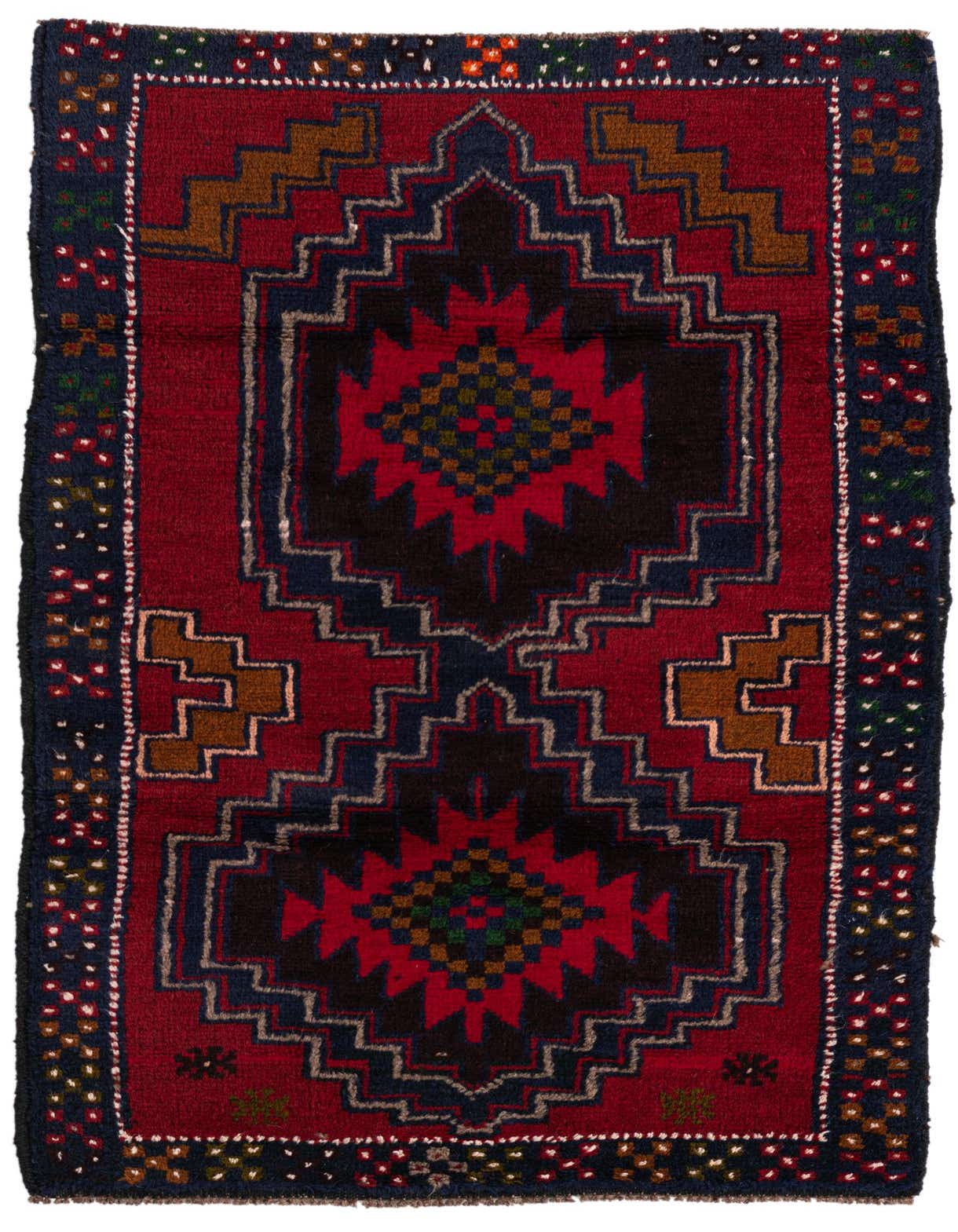 A 3x5 rectangular Balouch rug with a deep red field and a central black, red, and blue medallion, surrounded by a dark blue tribal border.