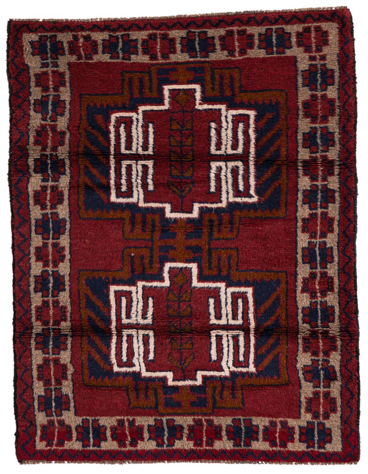 A 3x4 rectangular Balouch rug with a traditional Persian tribal pattern in deep reds, navy, and cream.