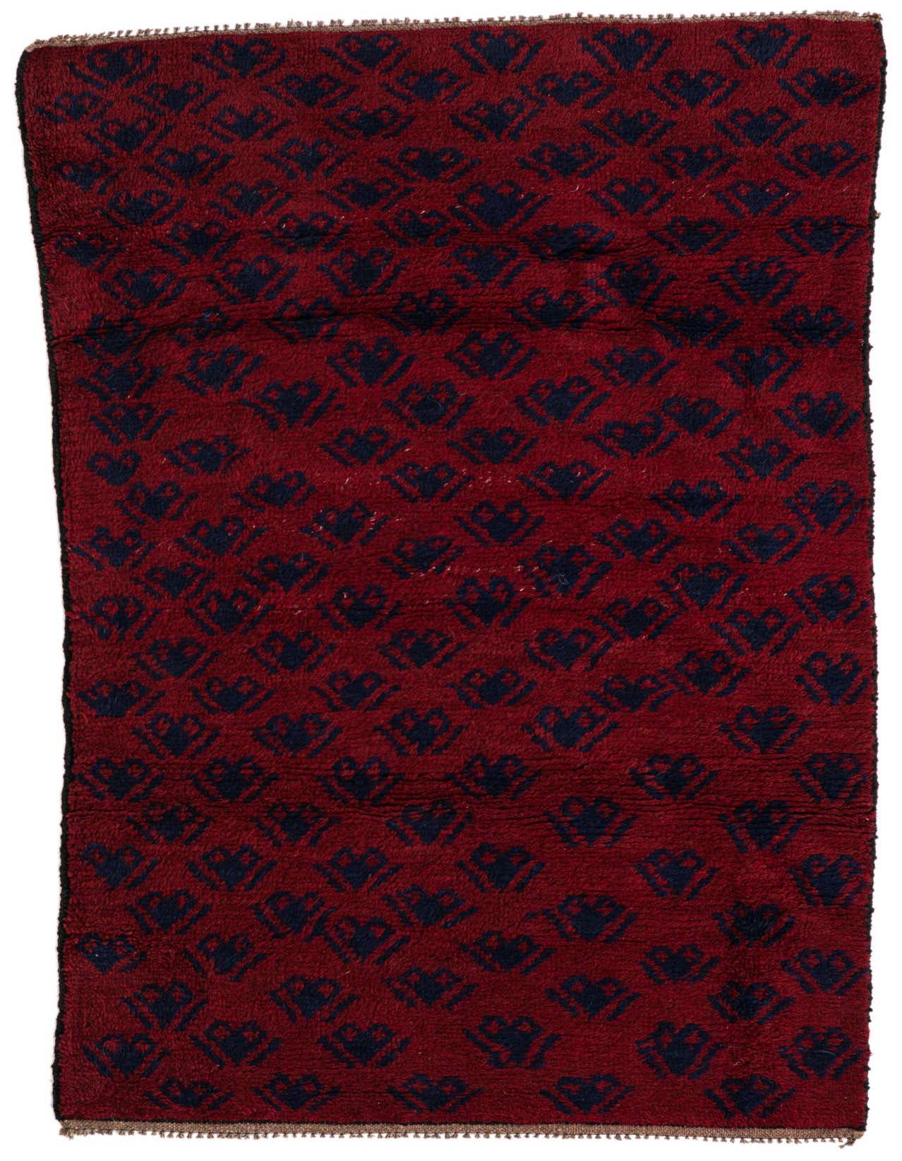 A 3x4 rectangular Balouch rug with a deep red background and repeating dark blue tribal patterns.
