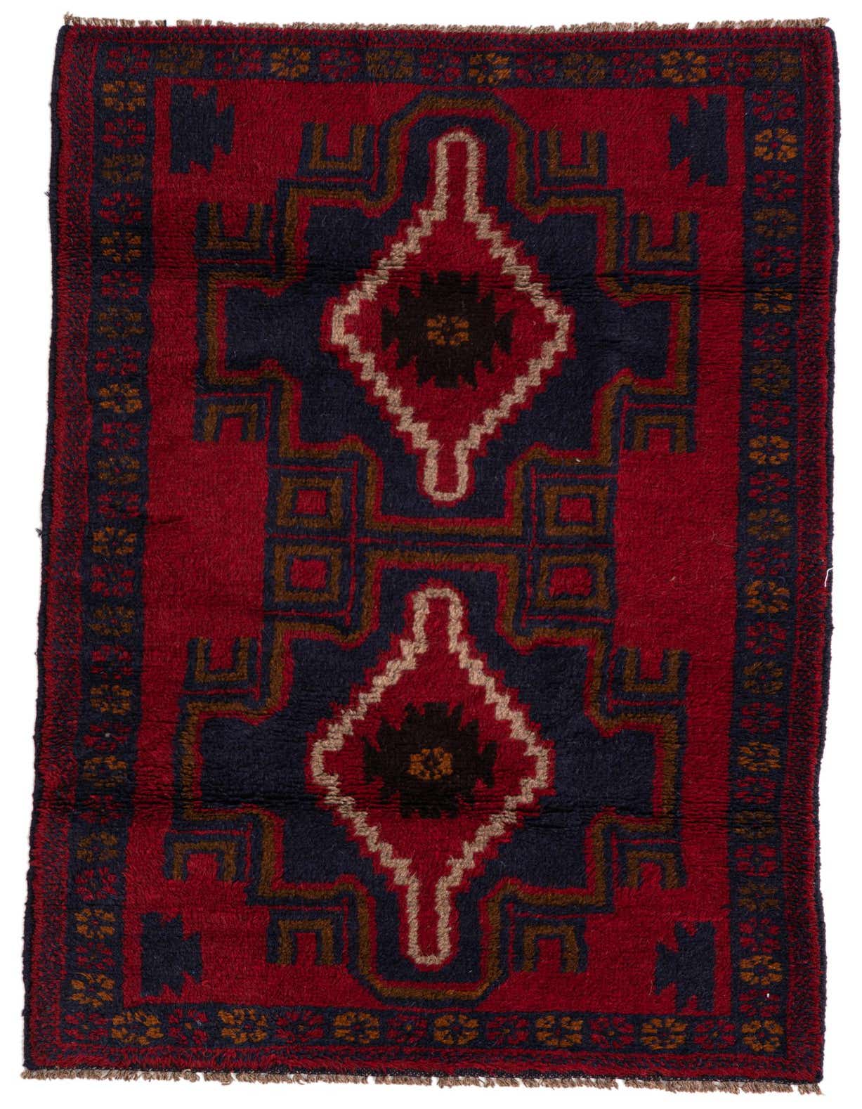 A 3x5 rectangular Balouch rug with a traditional Persian tribal pattern in deep red and navy blue, featuring a central medallion design and intricate borders.