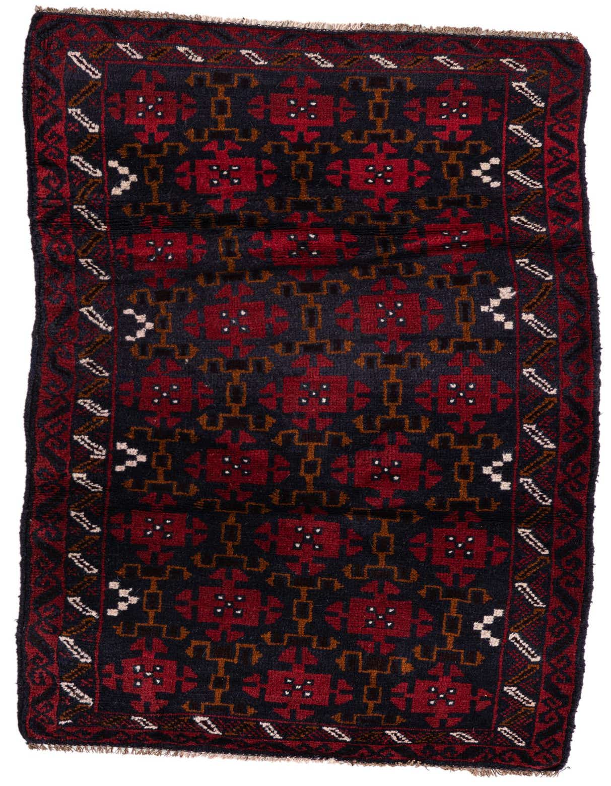 A 3x5 rectangular Balouch rug with a traditional Persian tribal pattern in deep reds, black, and brown.