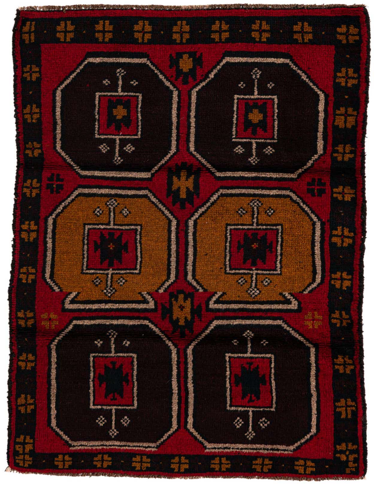 A 3x5 rectangular Balouch rug with a traditional tribal pattern in shades of red, black, and gold, featuring geometric medallions.