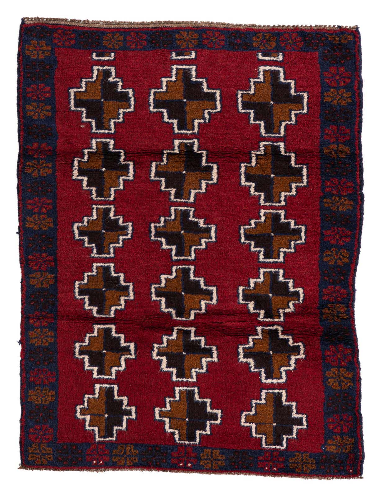 A 3x5 rectangular Balouch wool rug featuring a deep red field with a repeating tribal geometric pattern in black, brown, and white, framed by a dark blue border with floral motifs.