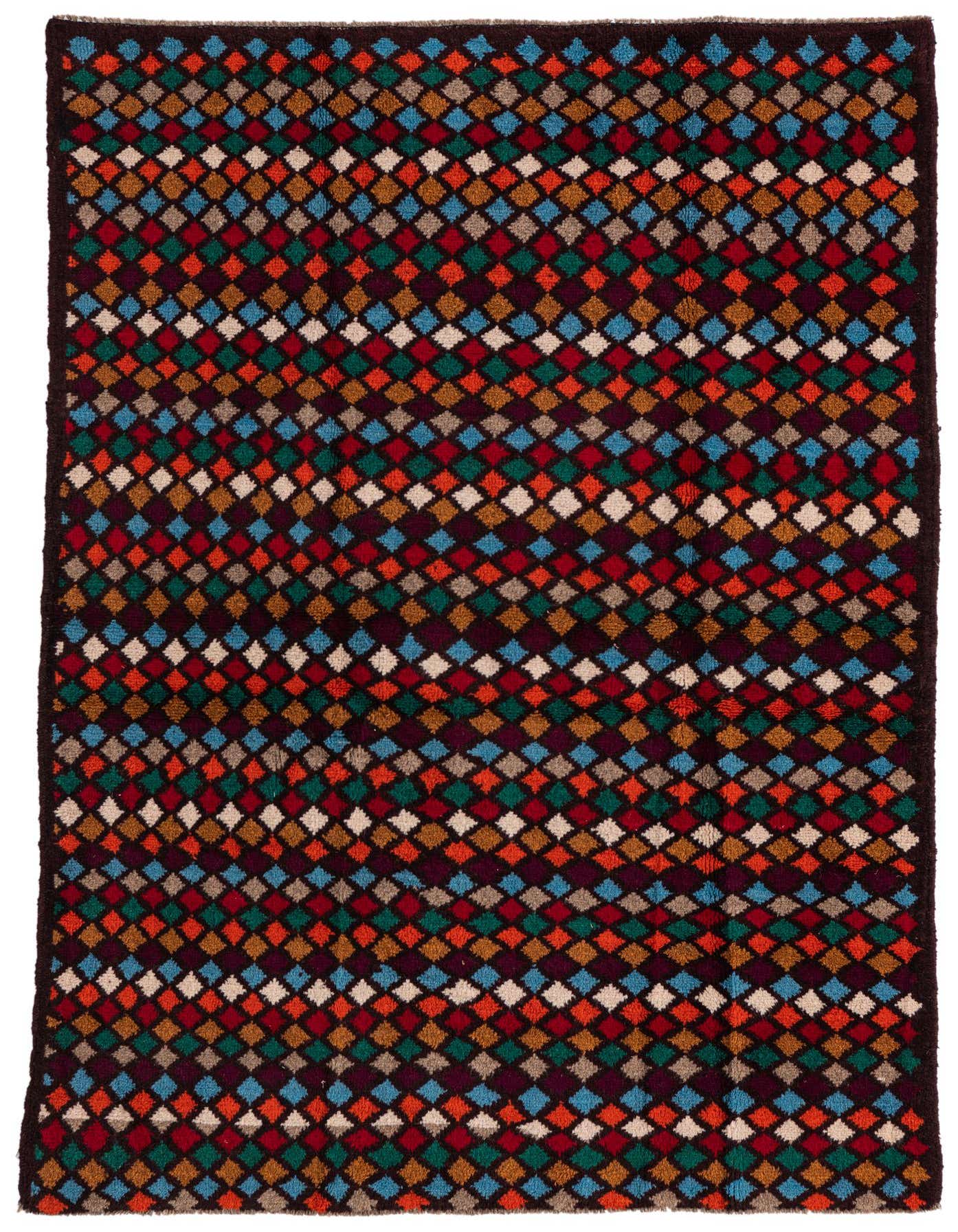 A 4x6 rectangular Balouch rug with a vibrant, multicolored diamond pattern on a dark background, showcasing traditional tribal style.