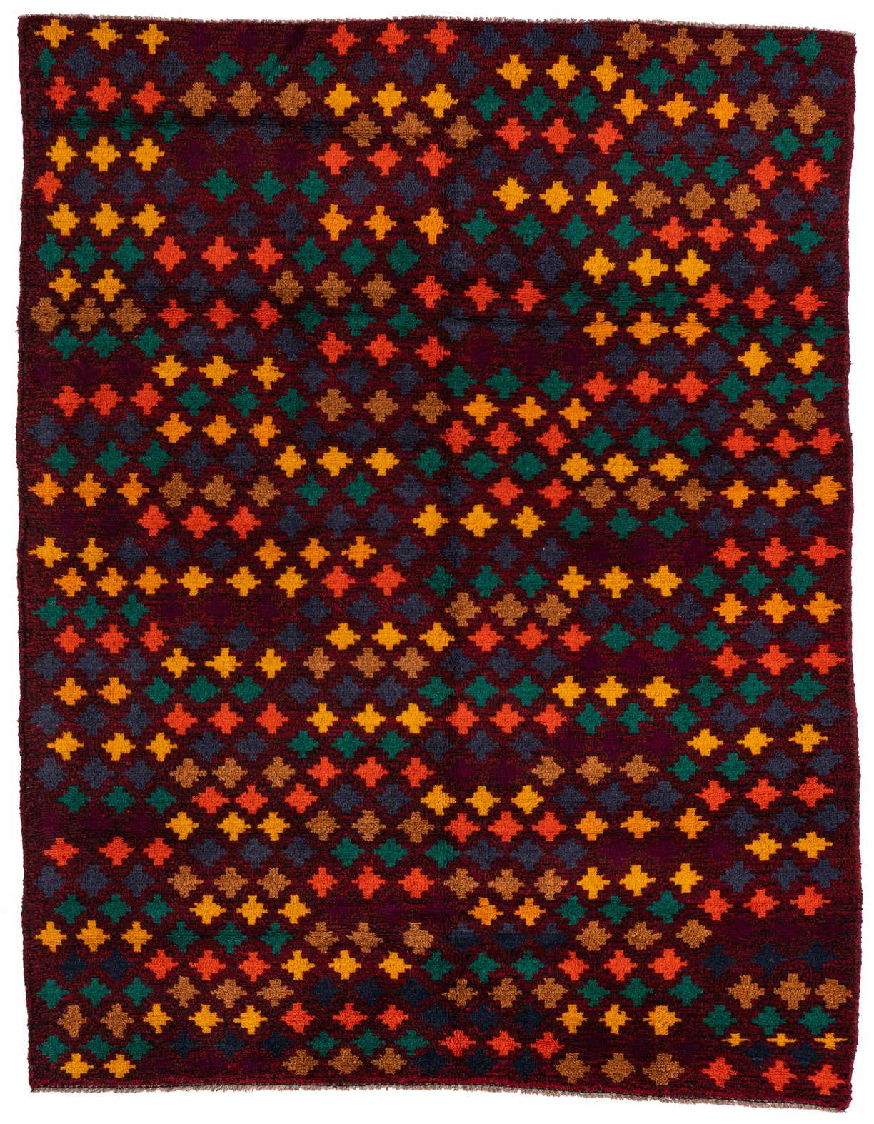 A 4x6 rectangular Balouch rug with a deep red background and a repeating pattern of small, colorful diamond shapes in orange, yellow, green, and dark blue.