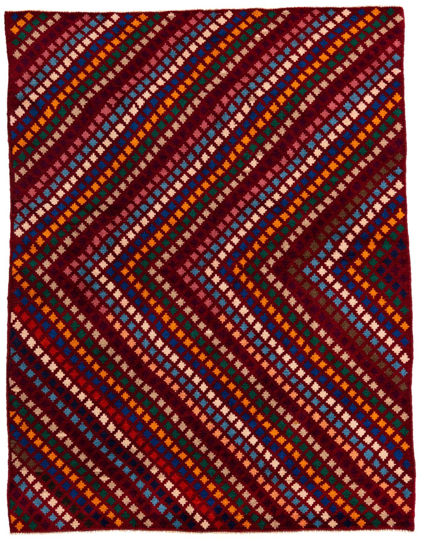 A 6x9 rectangular Balouch tribal rug featuring a rich red background with diagonal rows of colorful small squares in blues, oranges, greens, and creams.