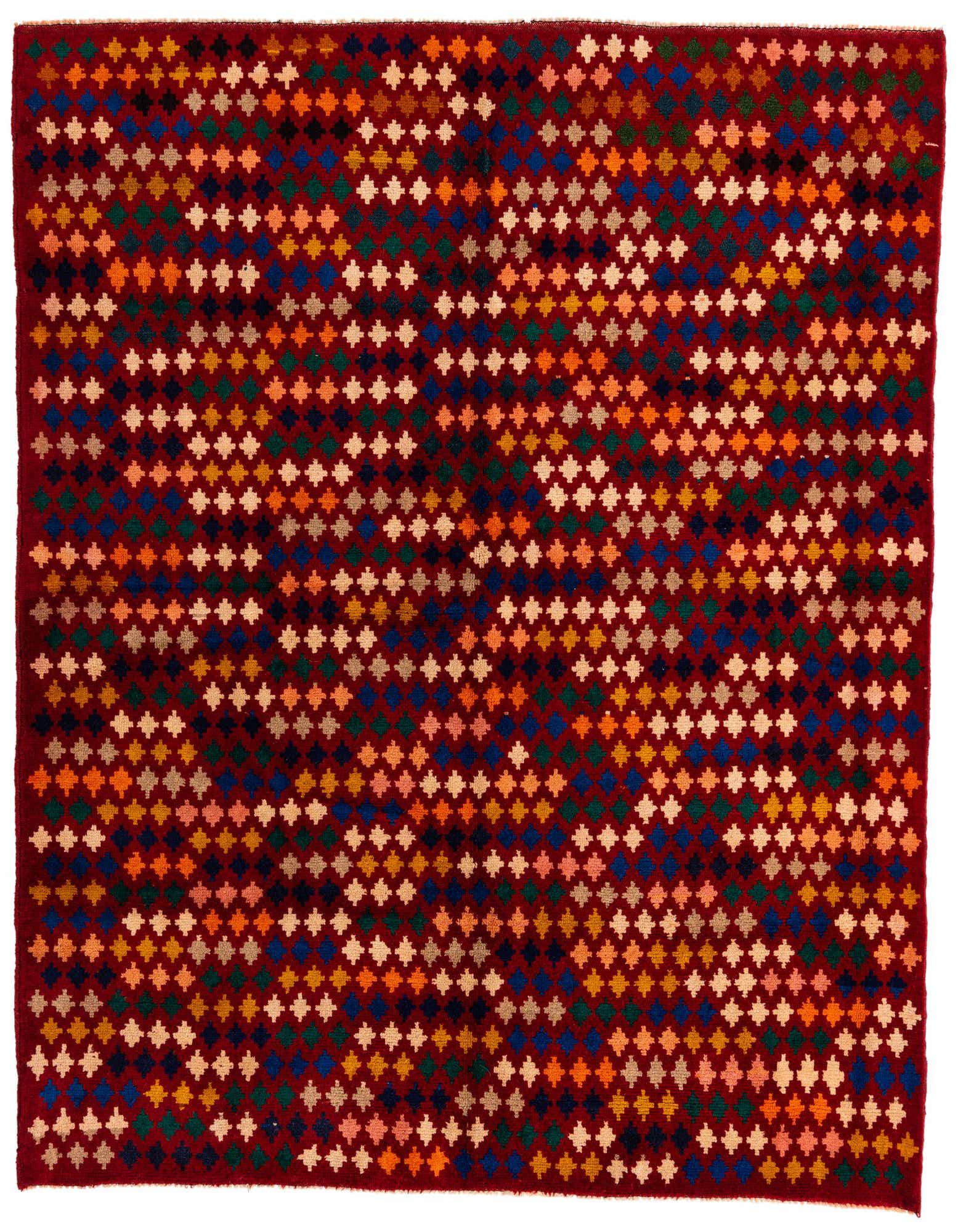 A 6x9 rectangular Balouch rug with a deep red background and a vibrant, multicolored tribal diamond pattern.