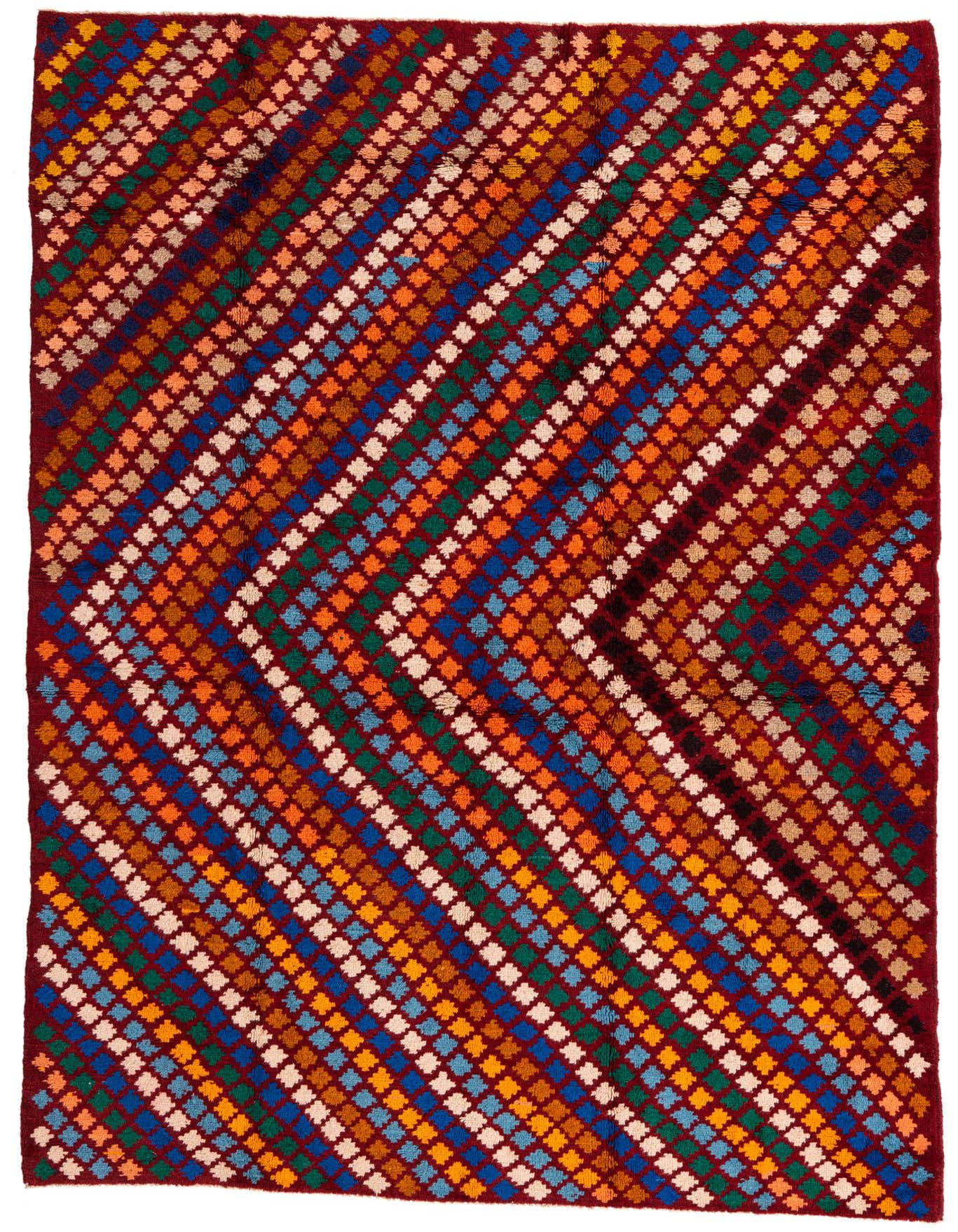 A 5x8 rectangular Balouch rug with a tribal, modern pattern of colorful diamonds in diagonal stripes on a red background.