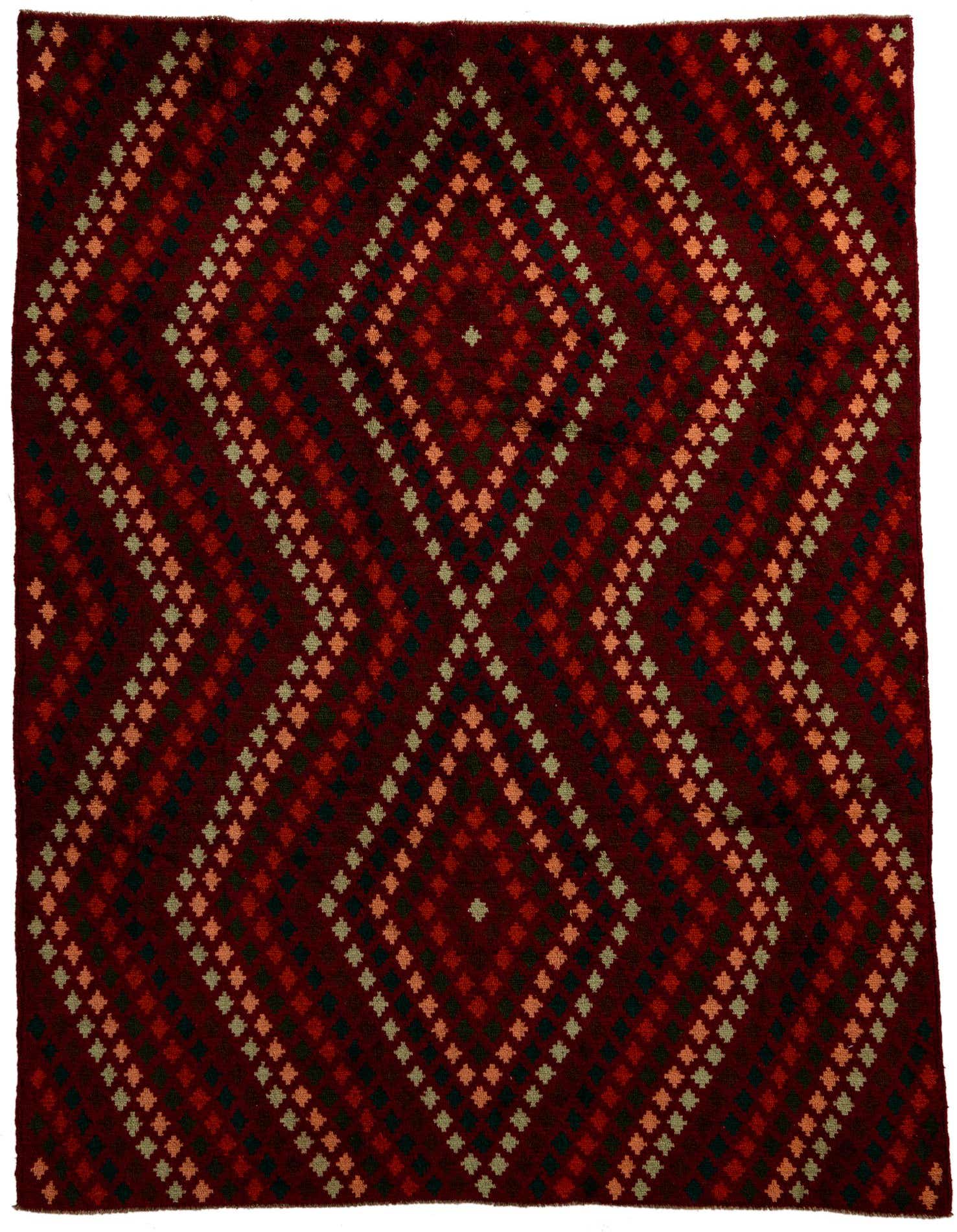 A 6x9 rectangular Balouch wool rug featuring a tribal geometric pattern of interlocking diamonds in various shades of red, orange, and green.