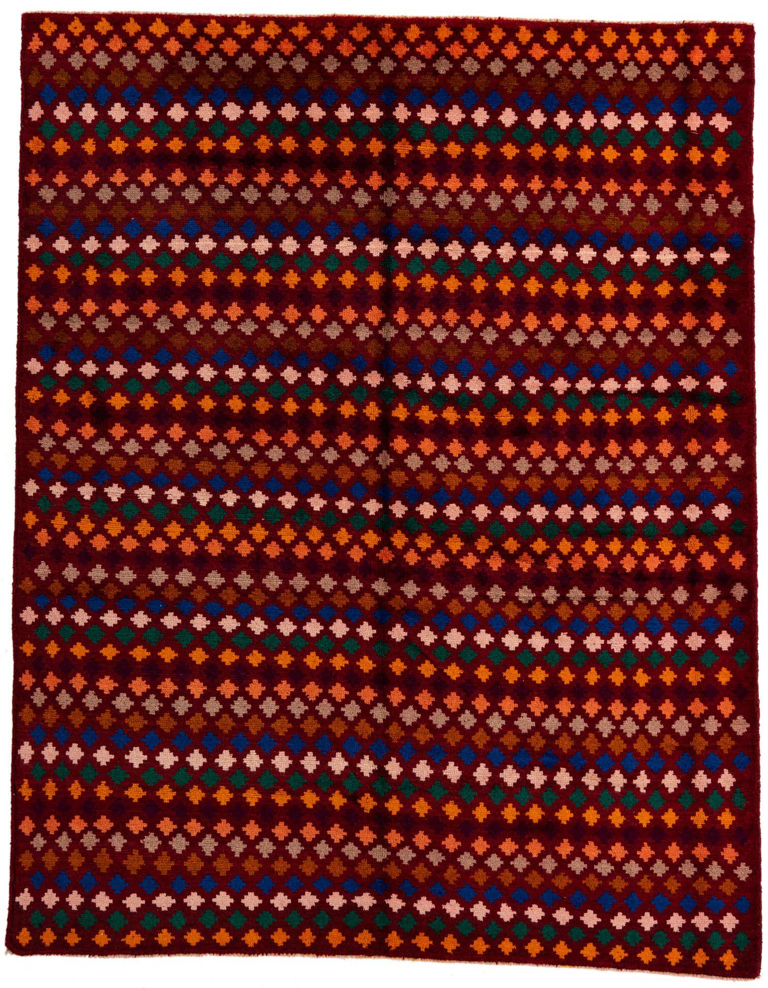 A 6x9 rectangular Balouch rug with a deep red background and rows of colorful tribal diamond patterns in orange, blue, green, and brown.
