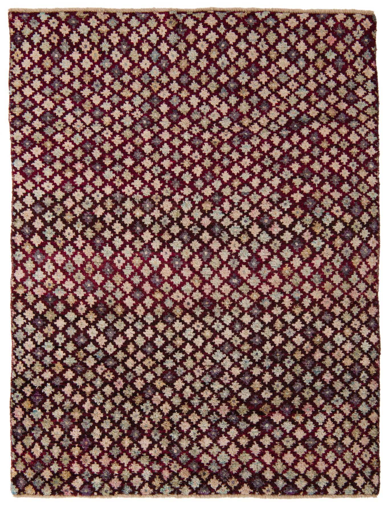 A 5x8 rectangular Balouch rug with a tribal, modern, abstract pattern in shades of red and cream, handmade from wool.