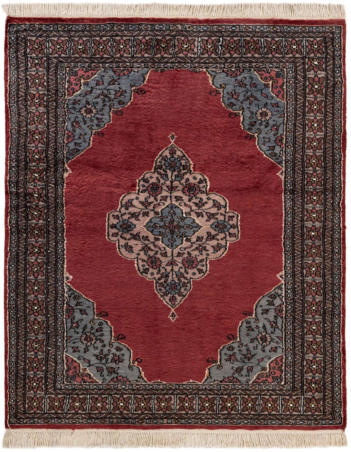 A 4x6 rectangular Bokhara rug in deep red with a central medallion, tribal patterns, and a dark border.