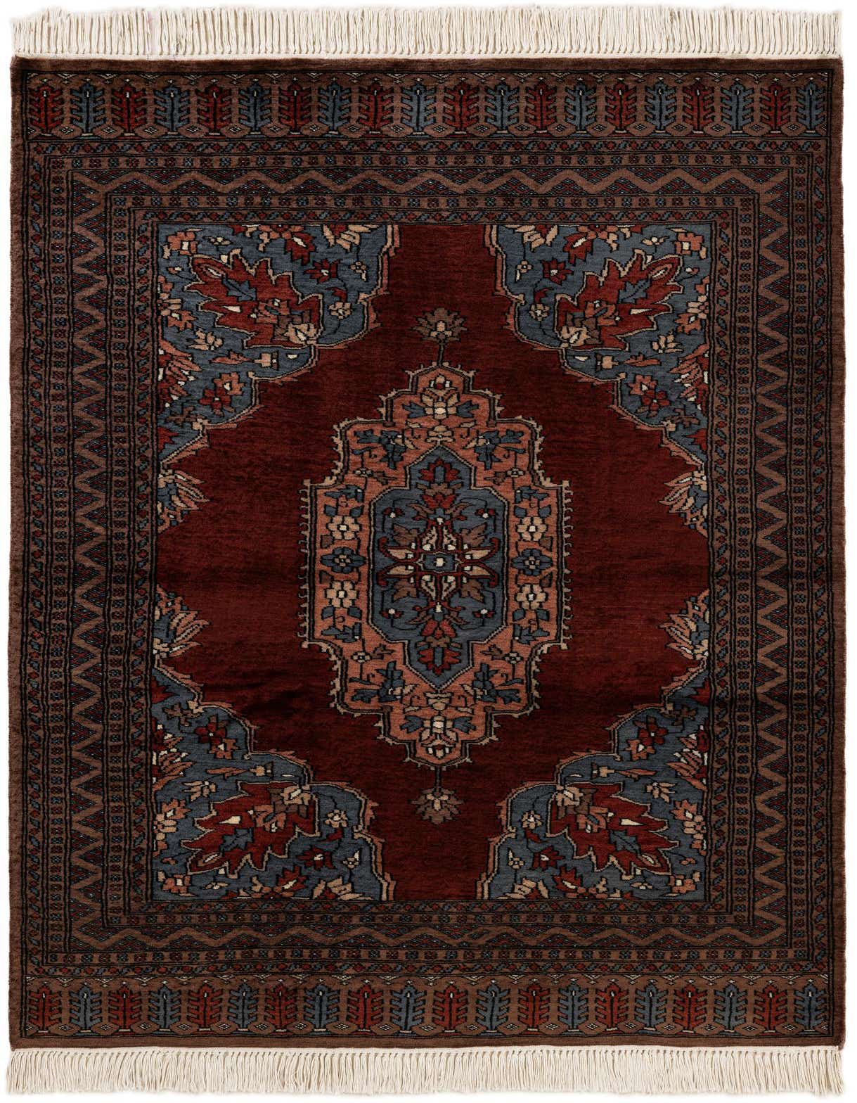 A 4x6 rectangular red wool rug with a traditional tribal medallion pattern in blue, red, and beige, featuring white fringe.