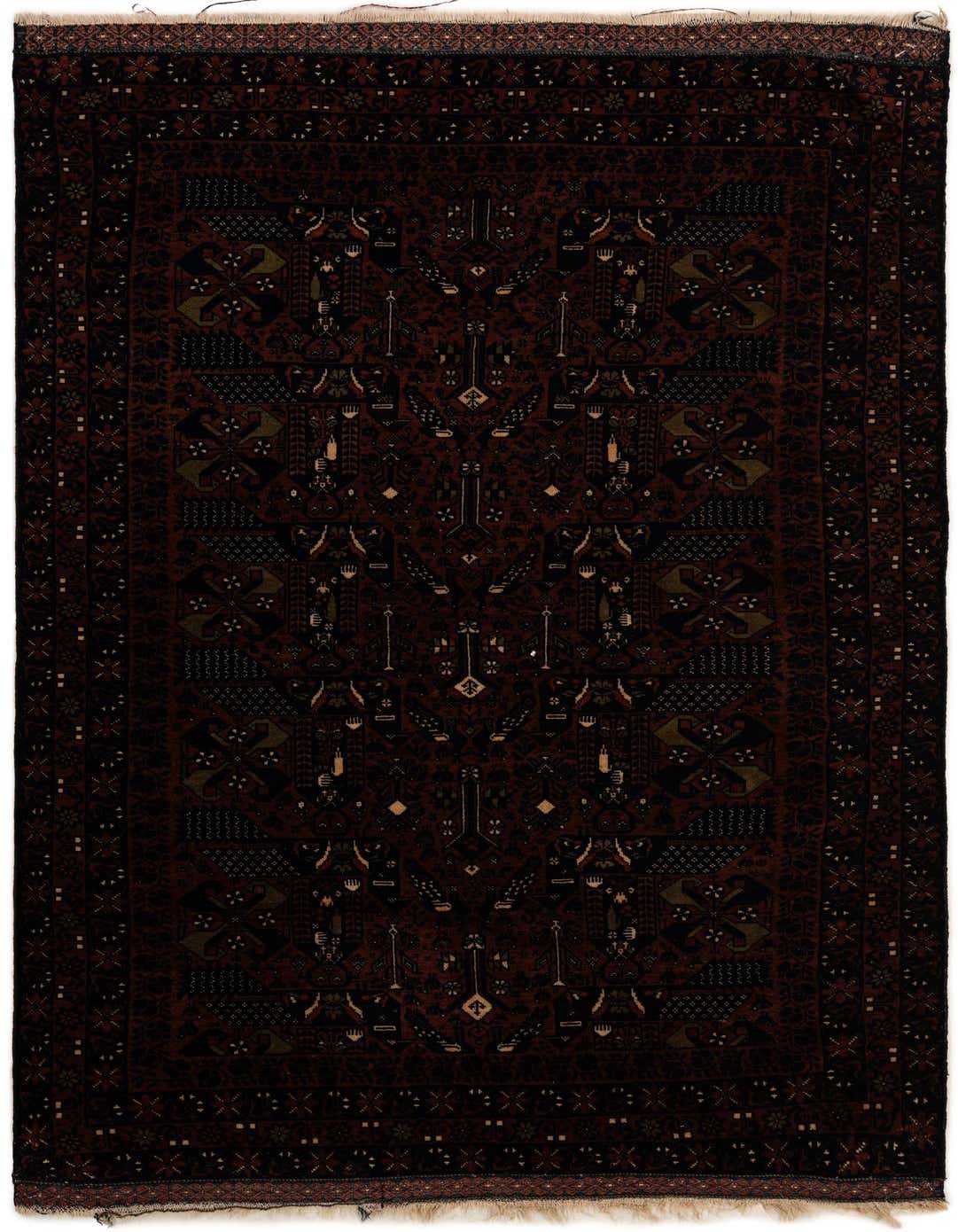 A 4x6 rectangular Bokhara rug featuring a deep red field with intricate black, gold, and cream tribal patterns.