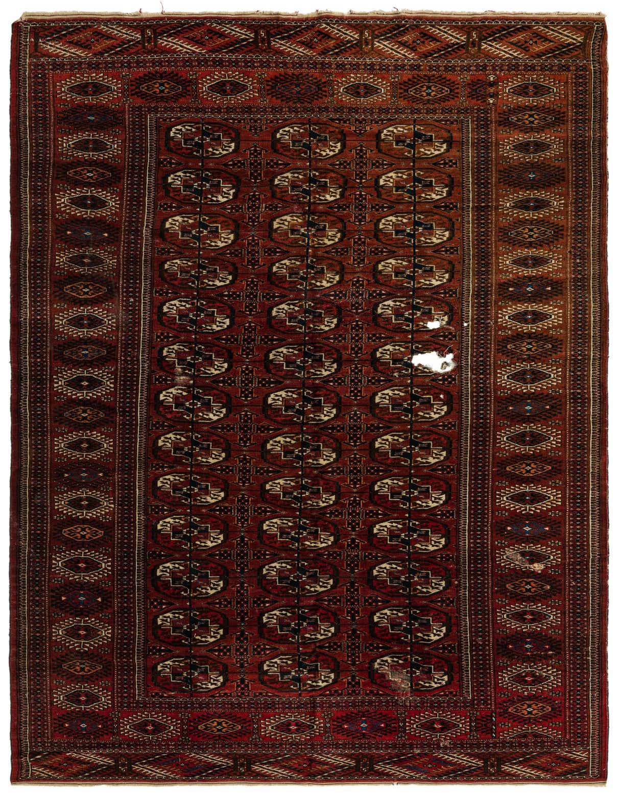 A 6x9 rectangular Bokhara wool rug in deep reds, featuring traditional tribal patterns and geometric medallions, ideal for a living room or office.