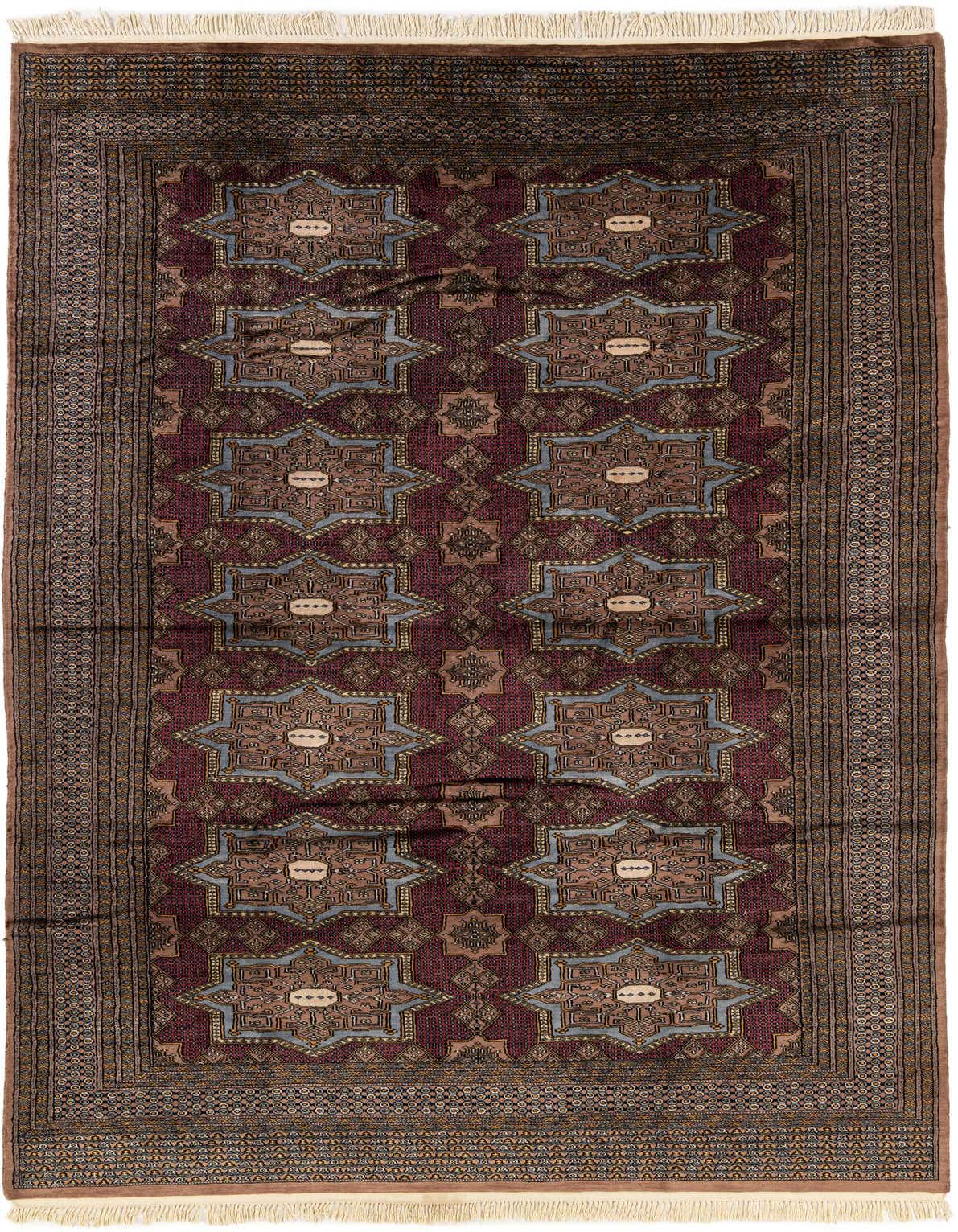 A 6x9 rectangular Bokhara rug featuring a traditional tribal pattern in rich reds, blues, and browns with fringe.