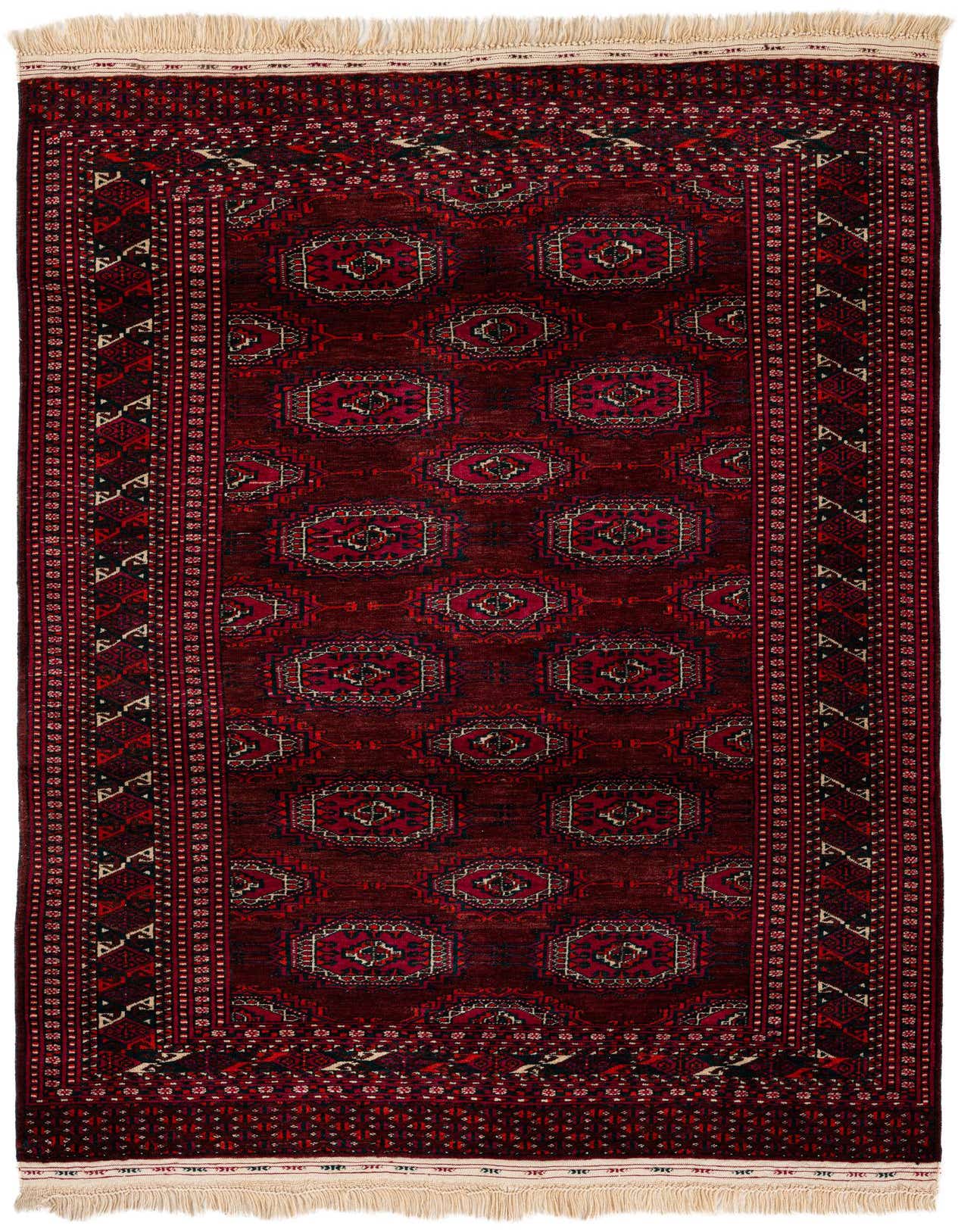 A 4x6 rectangular Bokhara rug featuring a rich red field with repeating tribal medallion patterns and a detailed border, made of wool.