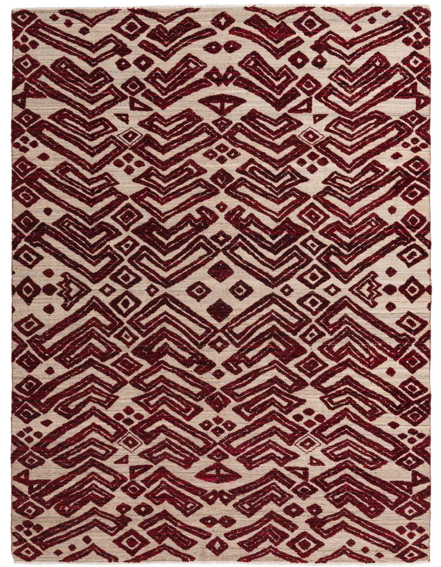 A 9x12 rectangular Darya rug with a modern abstract pattern in deep red on a natural wool background.