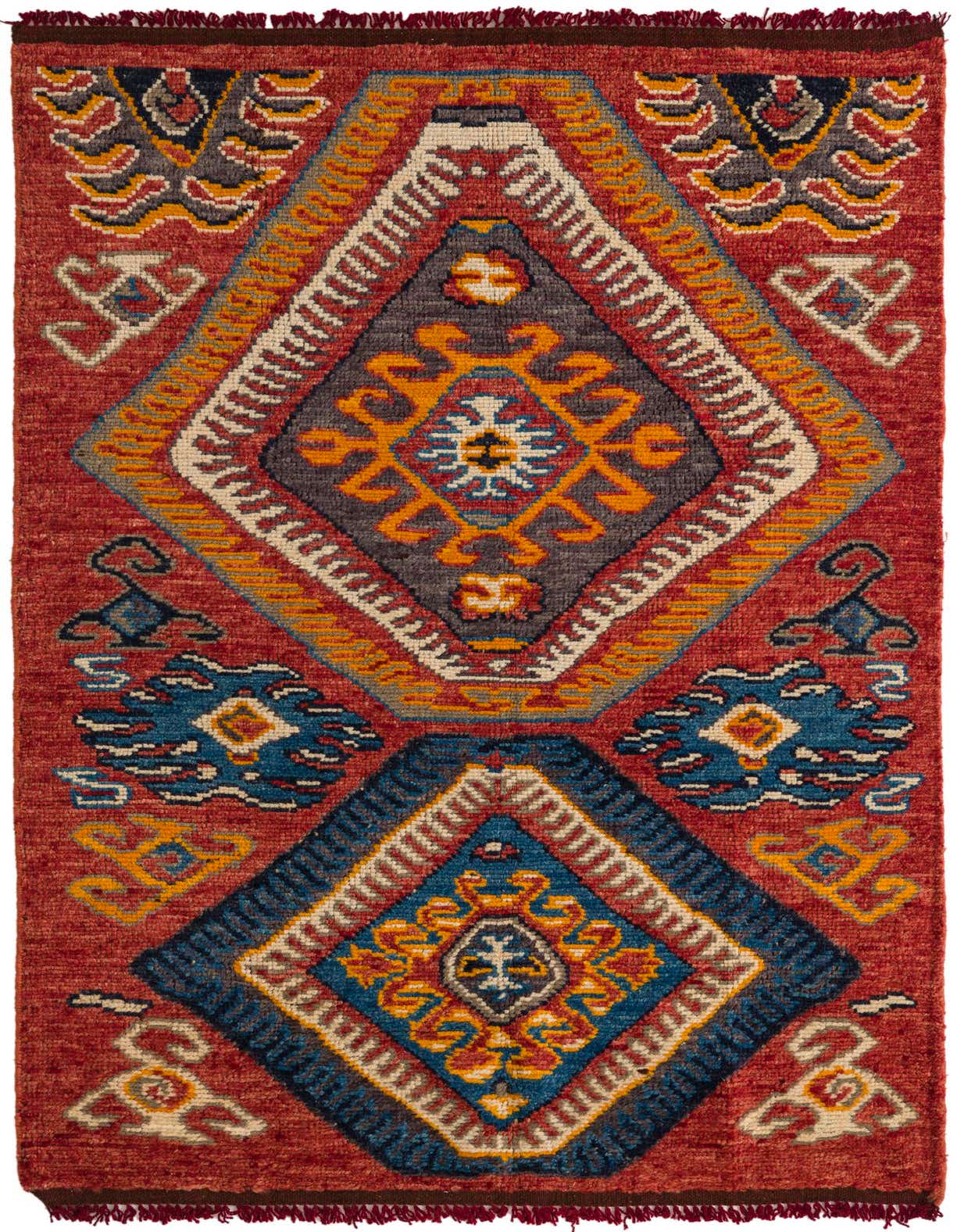A 4x6 rectangular Darya rug with a red background and a modern pattern featuring large geometric diamonds in blue, orange, and gray.