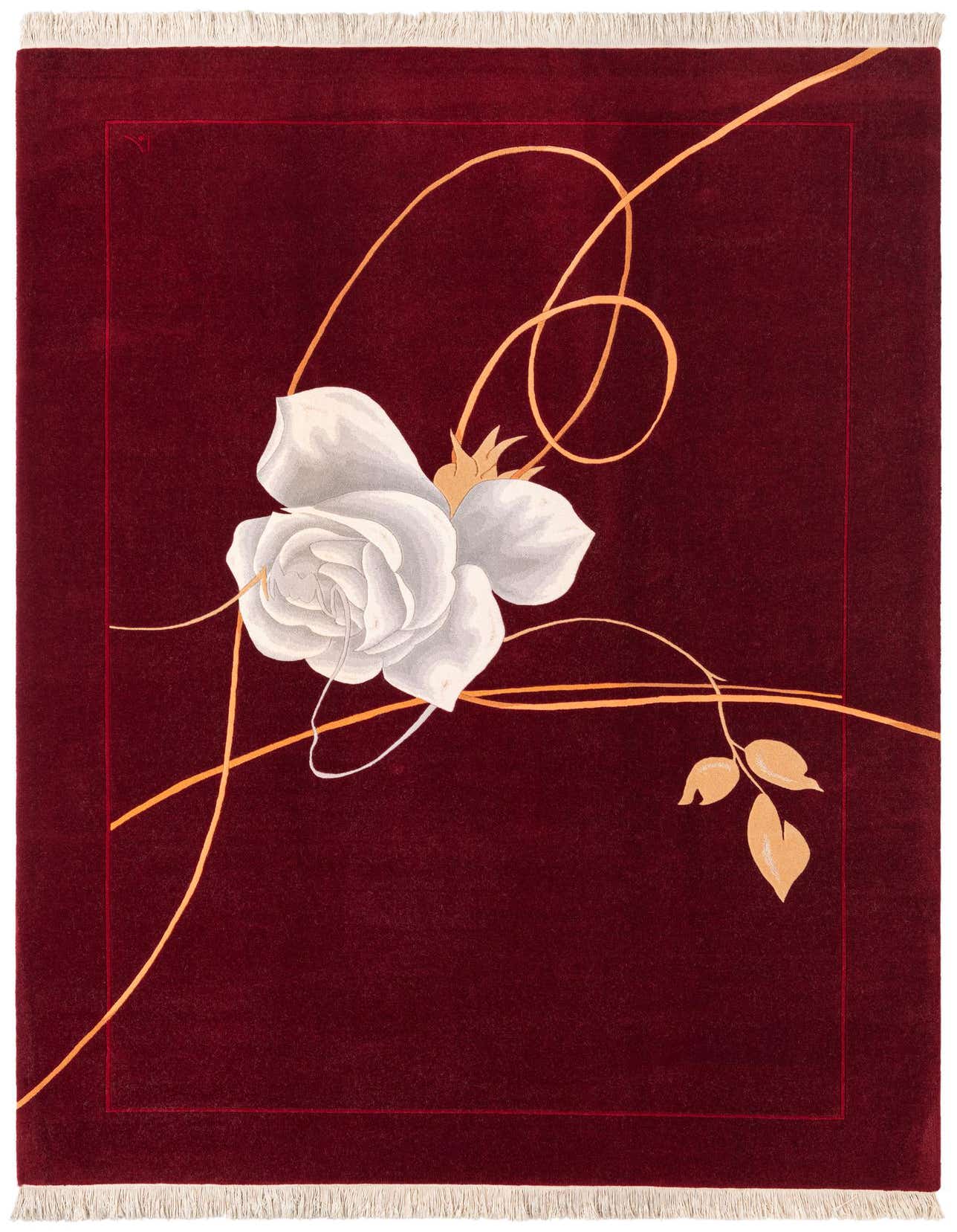 A 7x10 rectangular Darya rug in deep red with a large white rose and golden swirling vines.