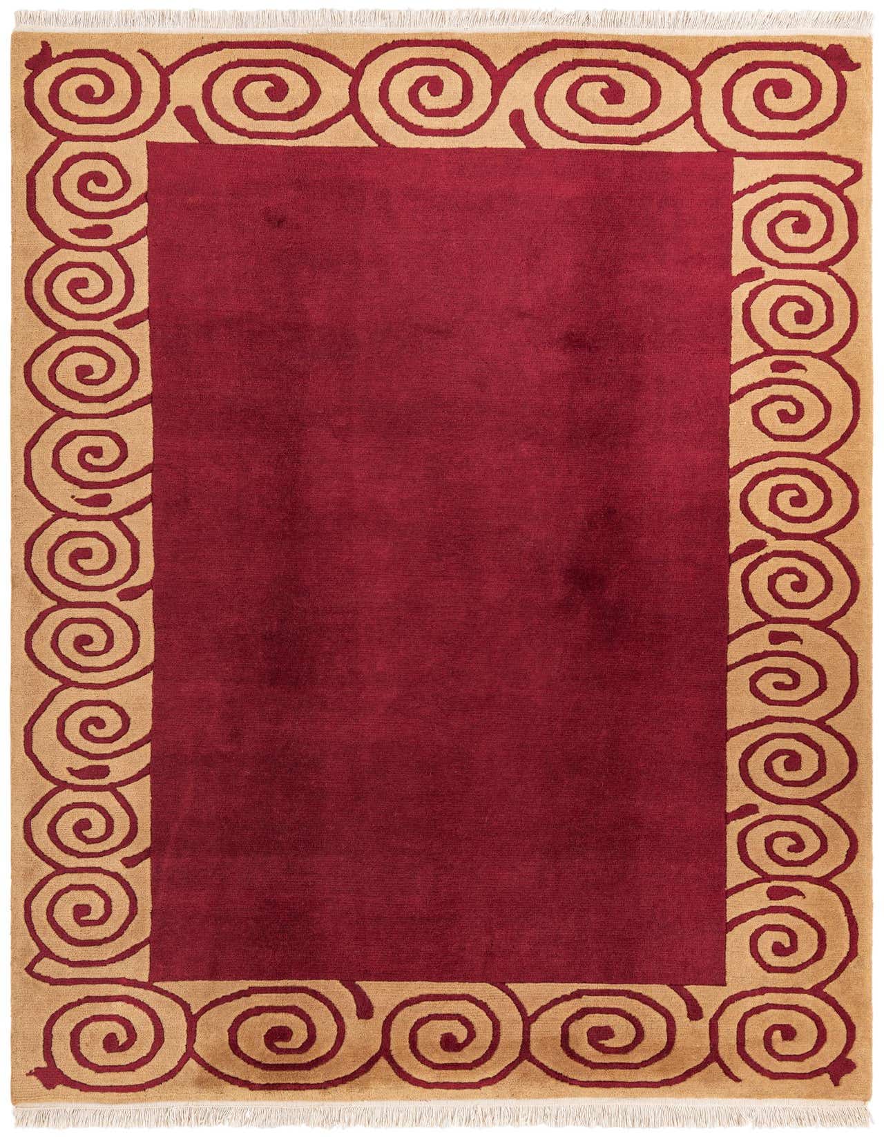 A 7x10 rectangular Darya Collection rug featuring a rich red center and a wide tan border with repeating red spiral patterns.