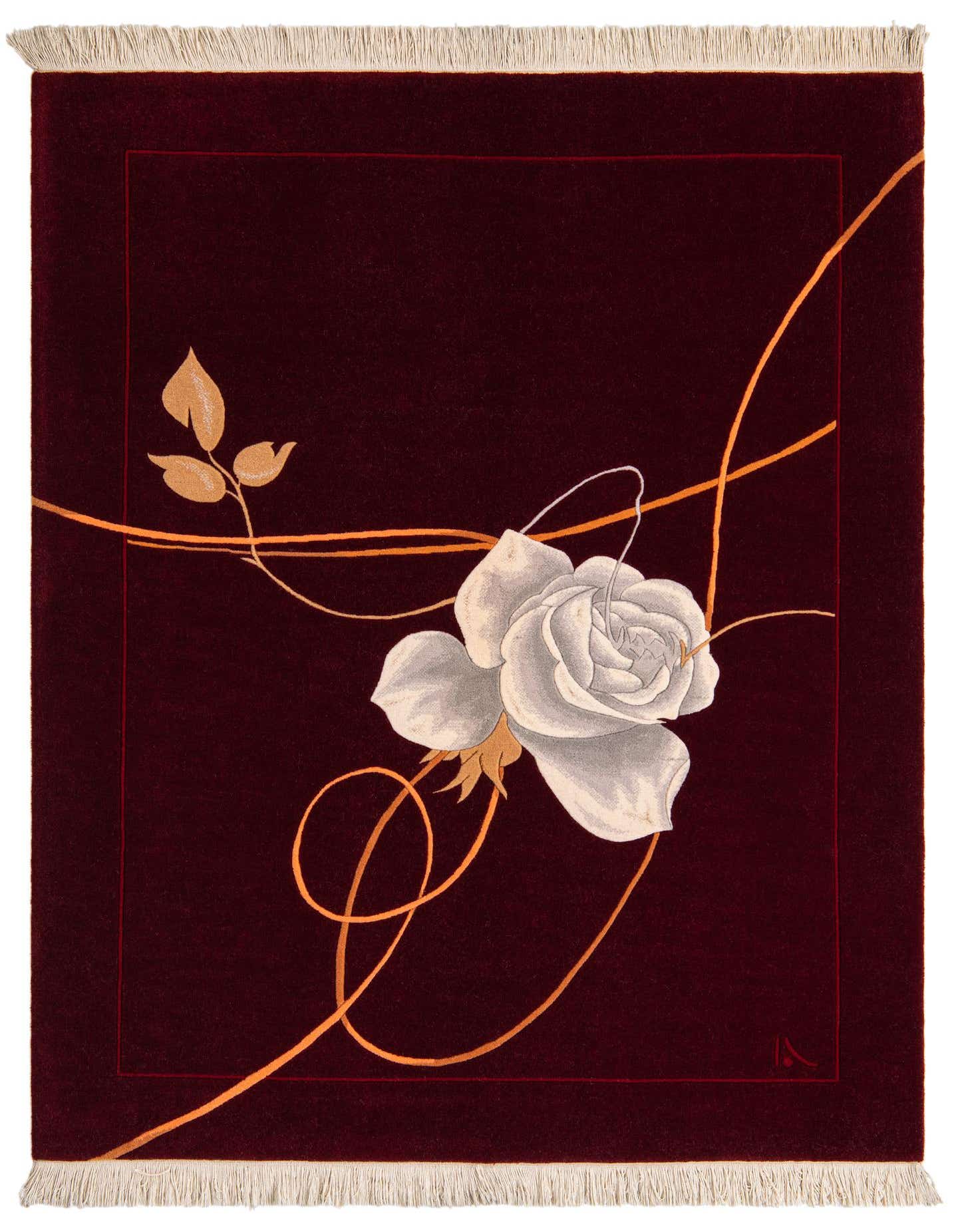 A 4x6 rectangular red wool rug with a large white rose and golden leaves and vines, featuring a high pile and fringe.