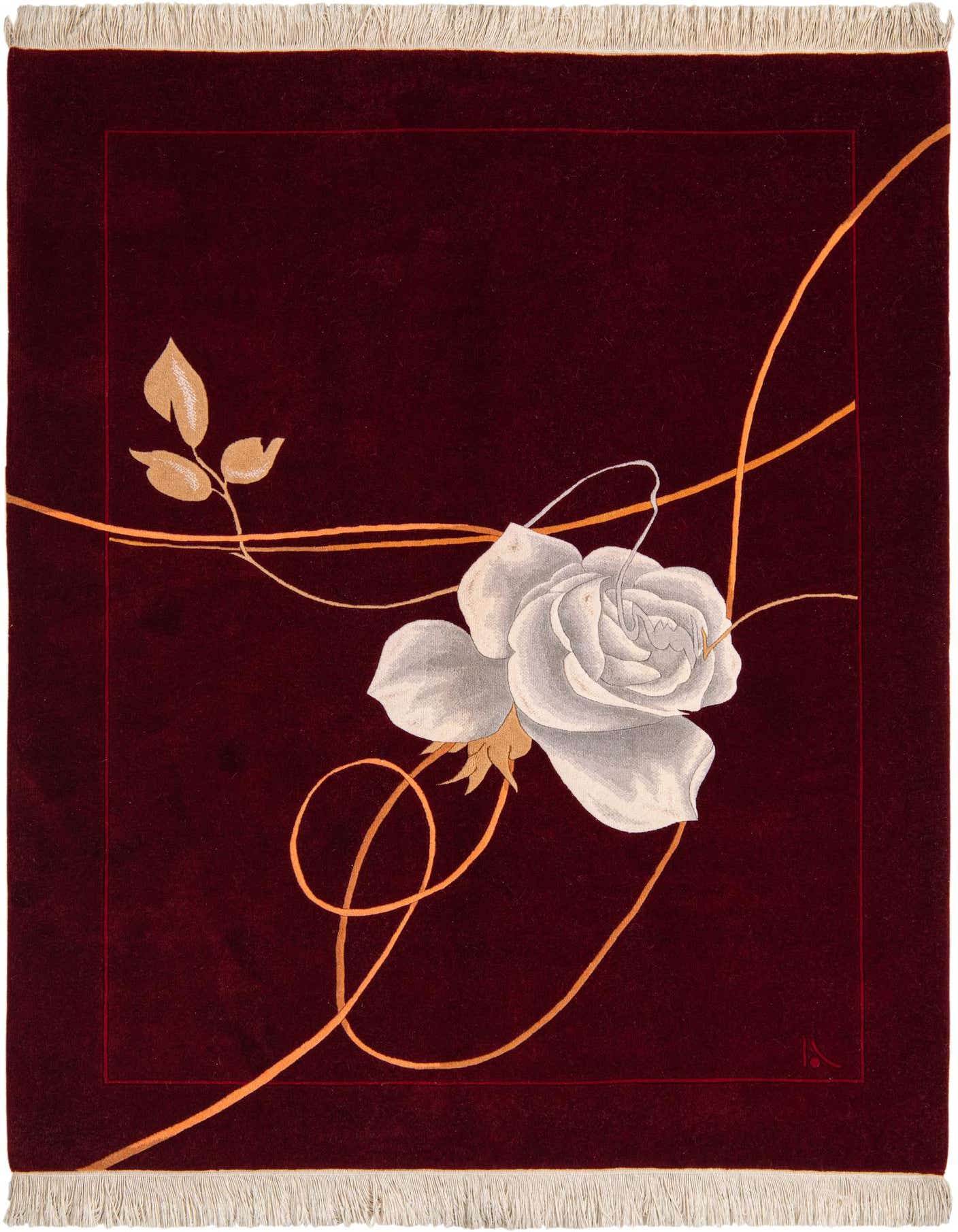 A 5x8 rectangular Darya rug in deep red, featuring a large white rose and golden swirling vines, with fringed ends.